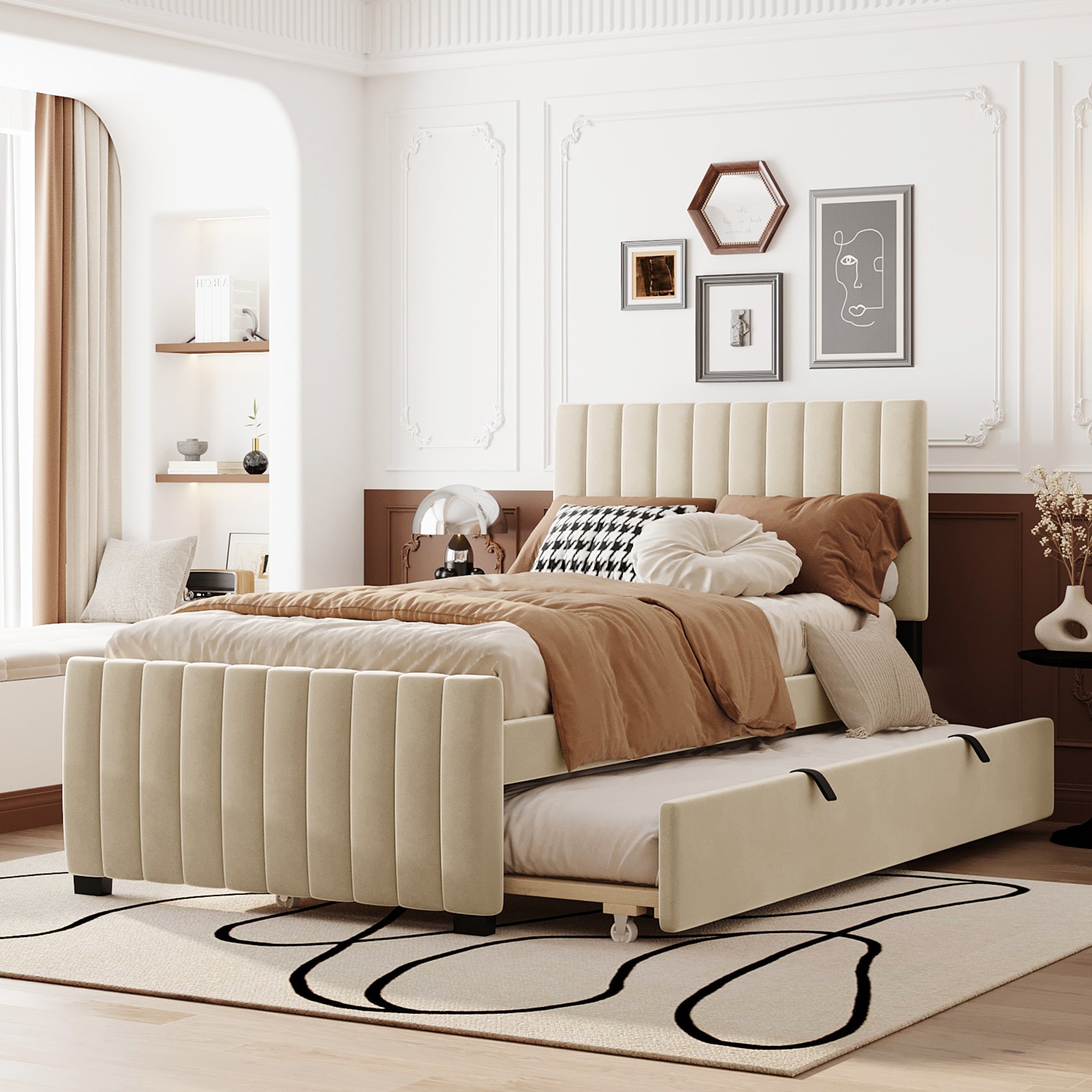 Upholstered Bed, Single with Pull-Out, 90 x 190 cm, Beige Velvet