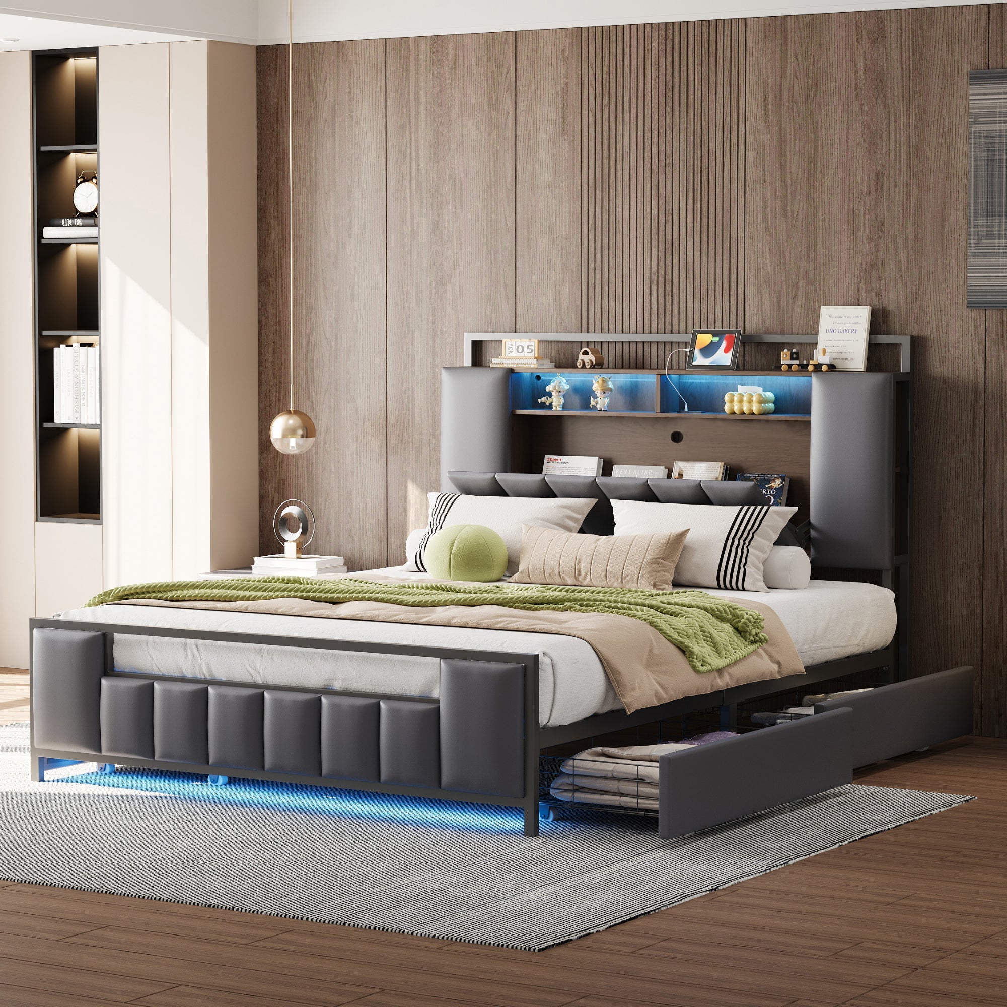 Upholstered Bed, Multifunctional with LED & USB, Drawers, Faux Leather Grey