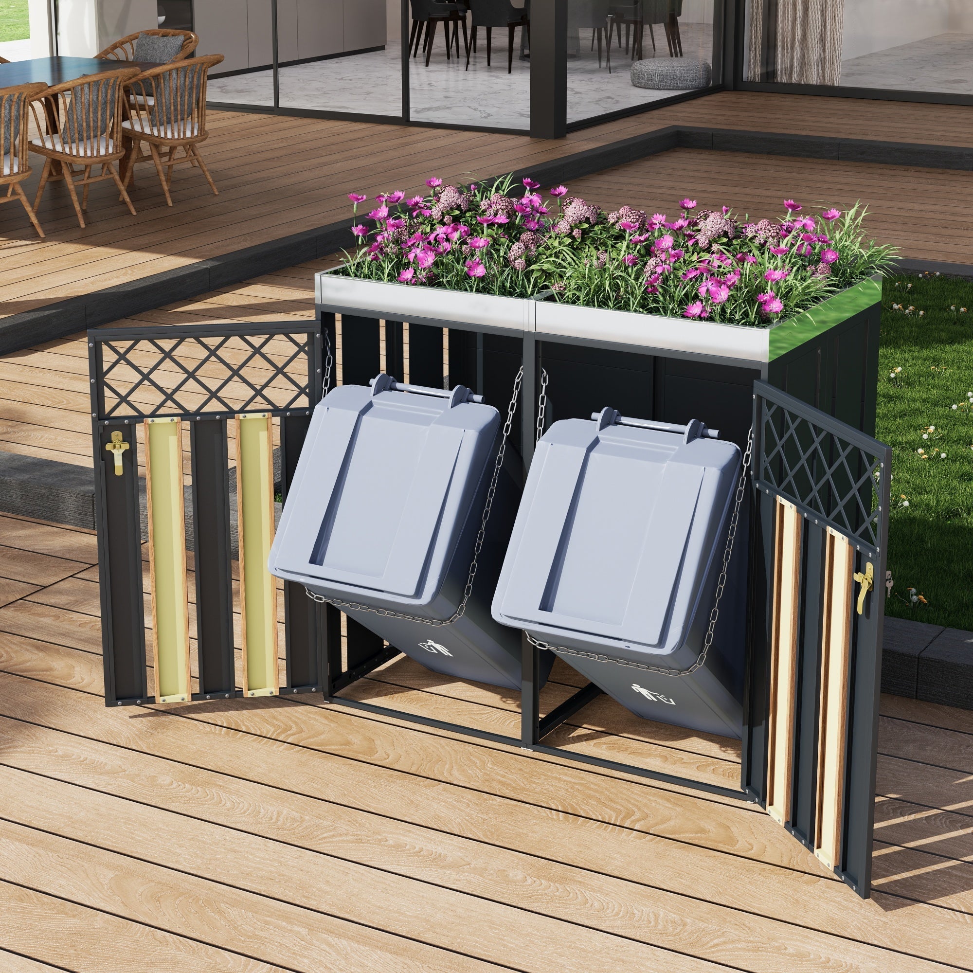 Garbage Can Enclosure with Diamond Ventilation and Planting Area, Lockable 2-Door, Steel