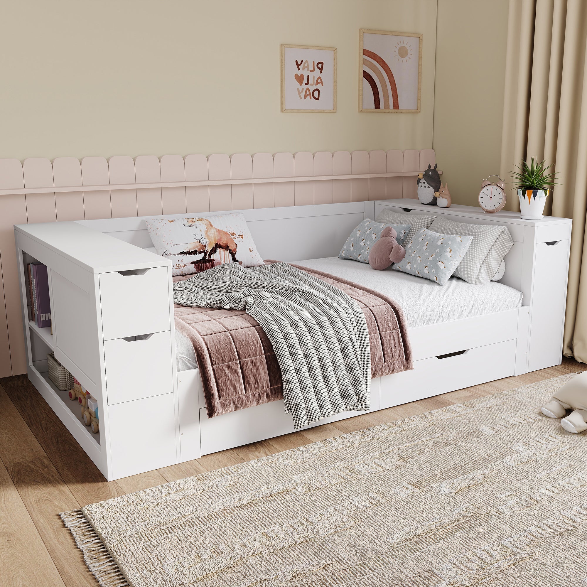 Lit Enfant Simple avec Tiroirs et Rangement, 90x190cm, Blanc