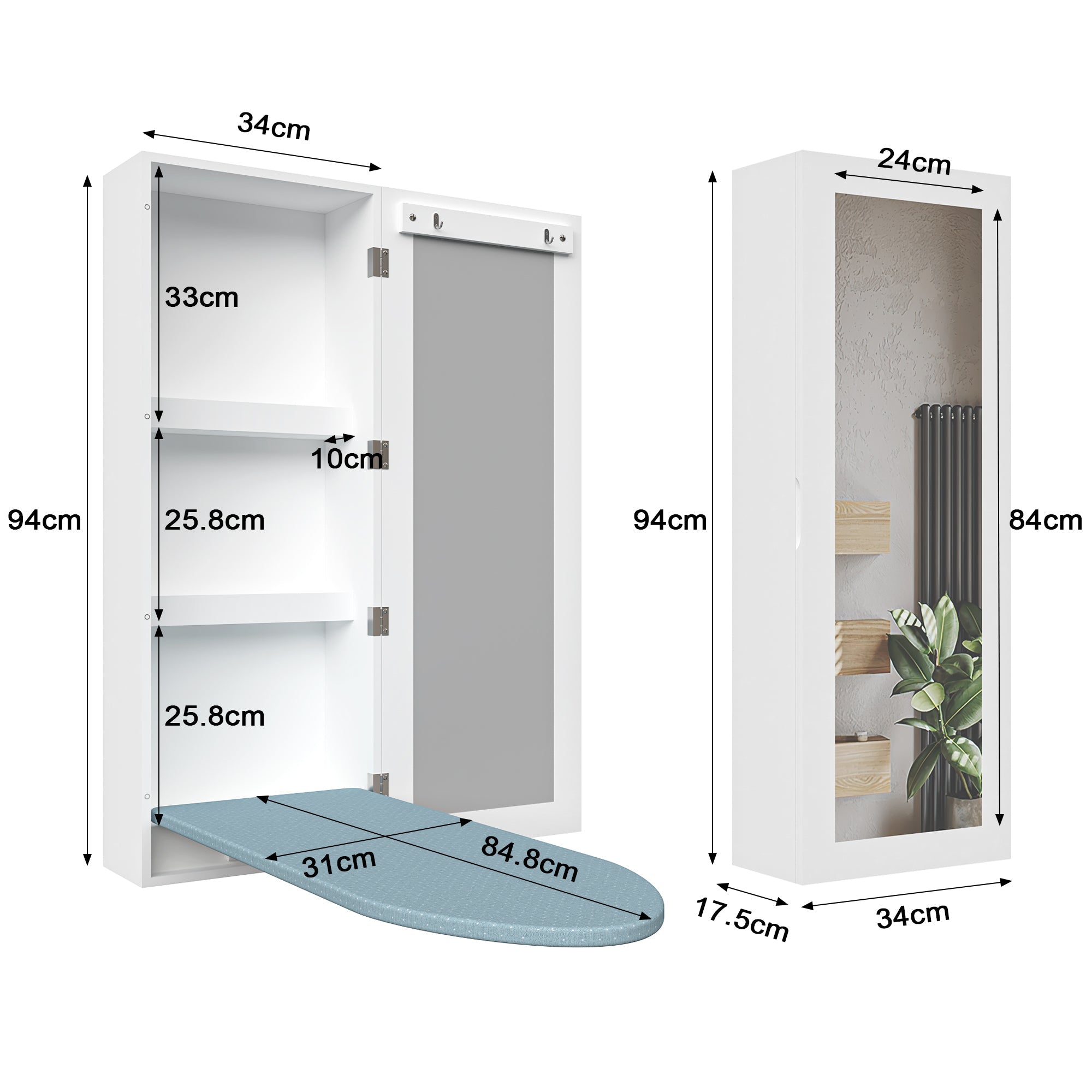 Wall Mounted Ironing Board Cabinet Folding Board Mirror Storage