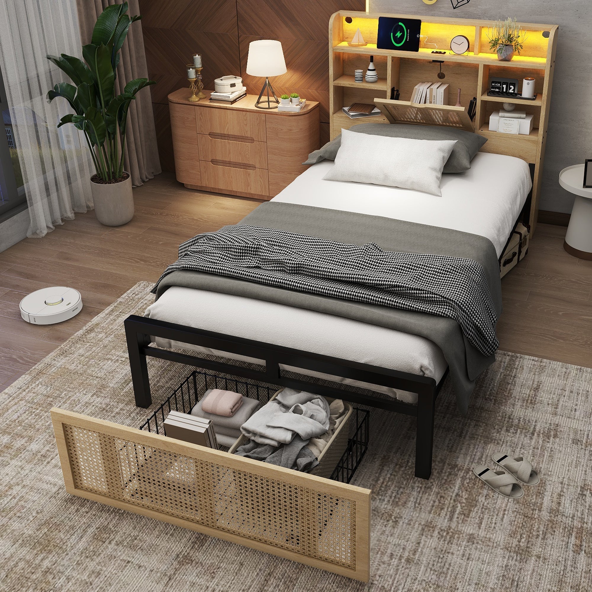 Wooden Bed, 3ft Single, LED Light, Charging Port & Storage, Wood Colour