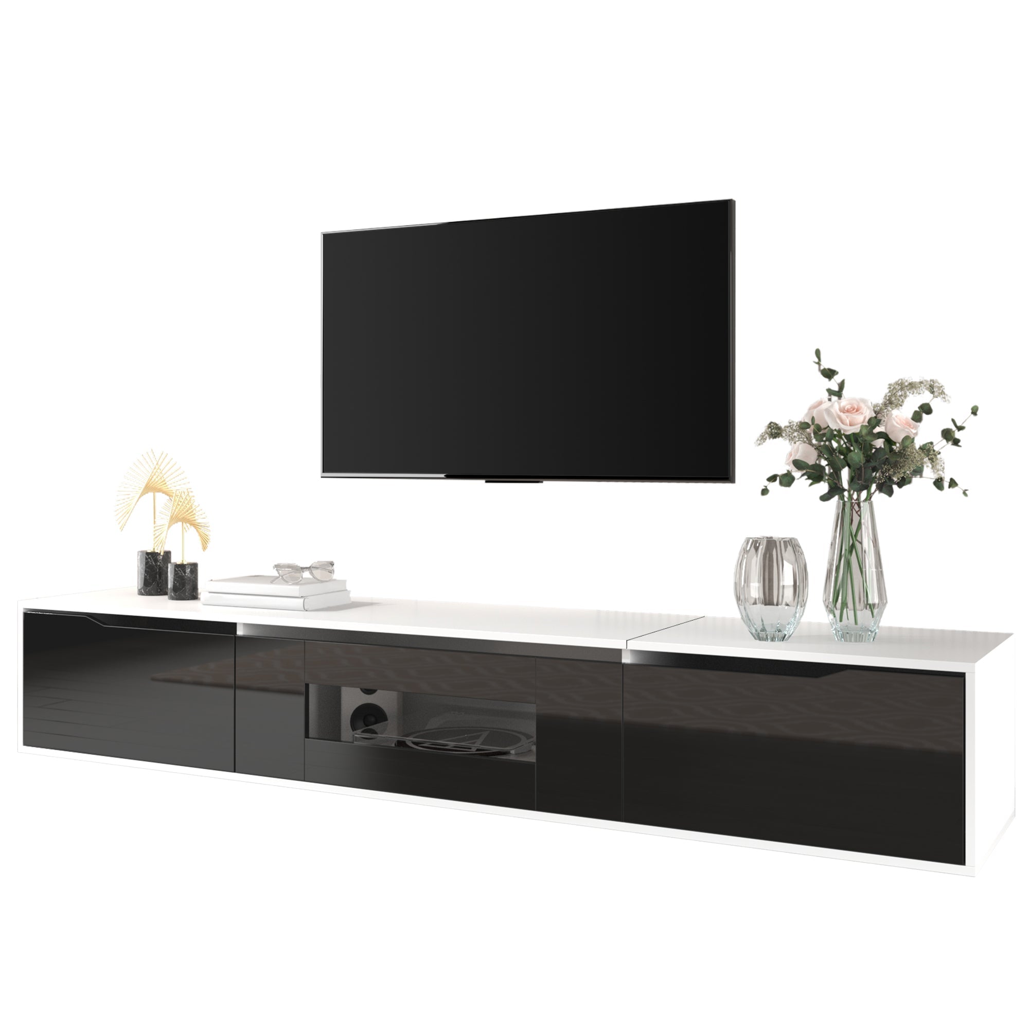 TV Cabinet, high-gloss with LED lighting, black and white