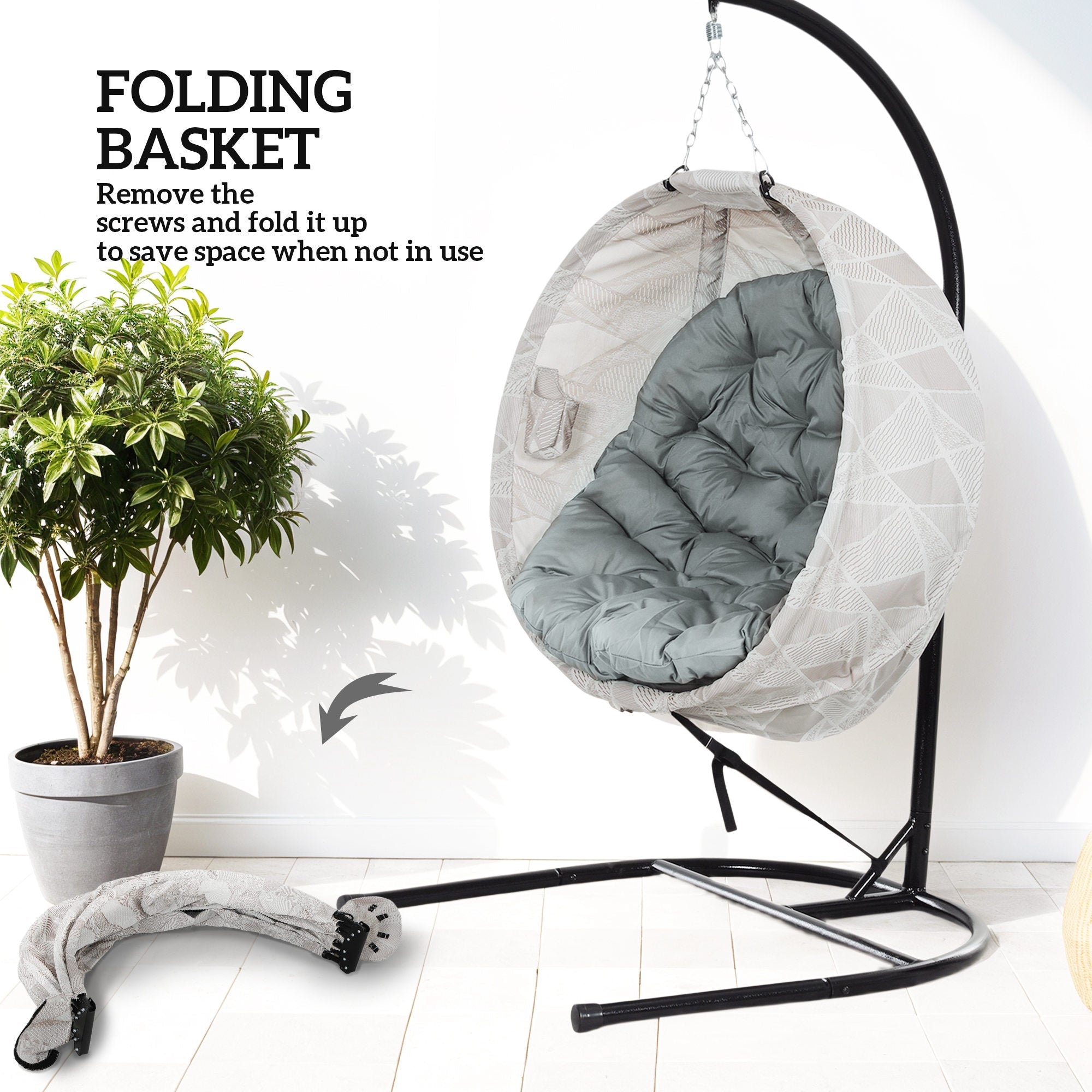 Hanging Egg Chair with Stand, Folding Basket & Cup Holder, Grey