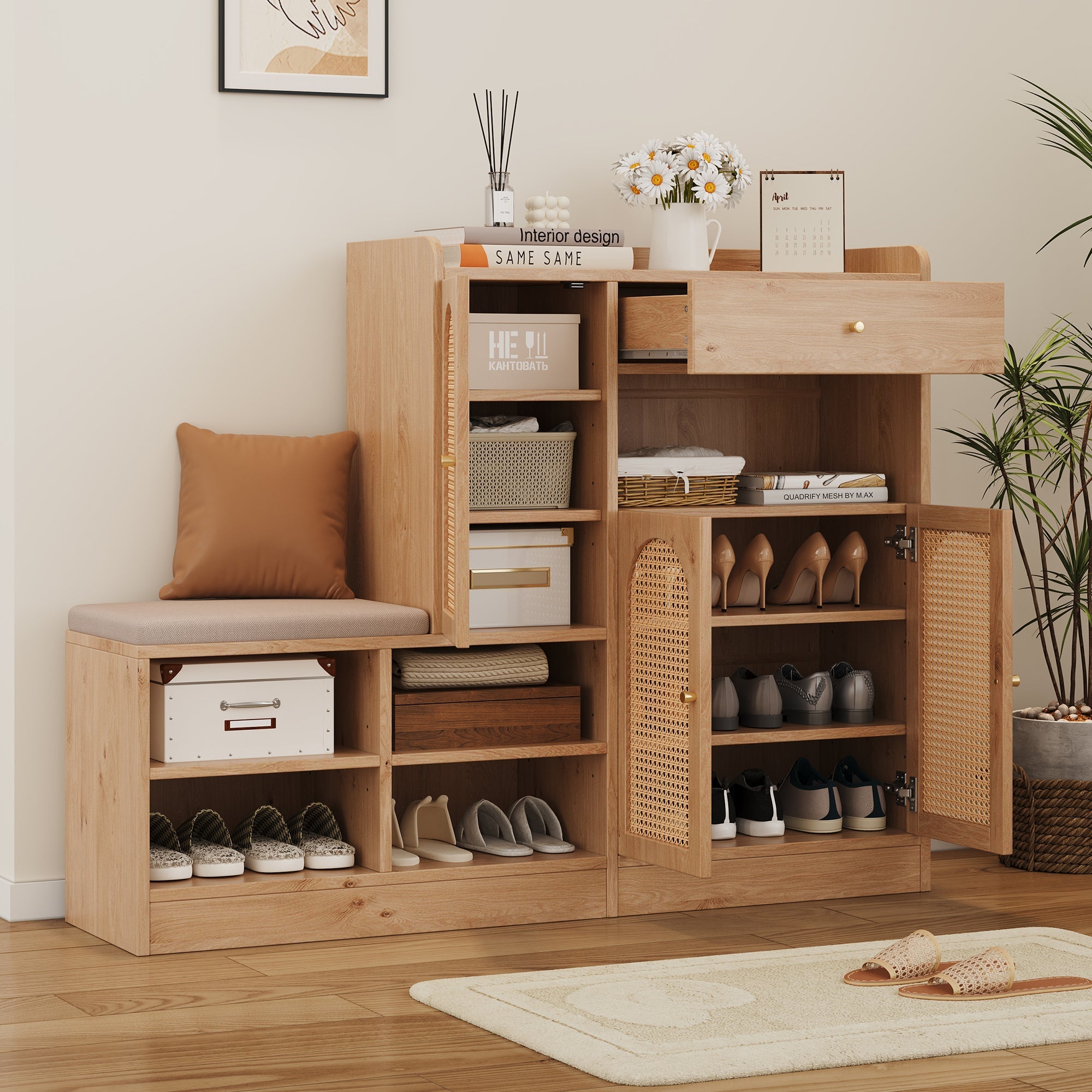 Shoe Cabinet with Upholstered Bench, 3 Rattan Doors and 1 Drawer, Wood Look