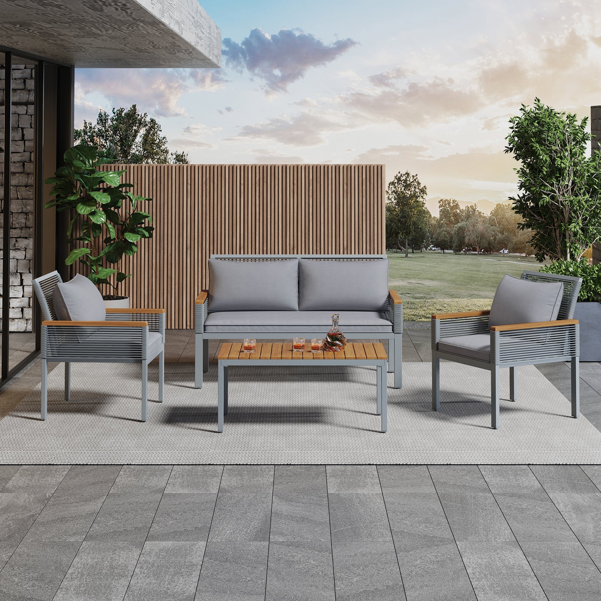 Garden Lounge Set with Comfortable Cushions, Double Sofa, 2 Armchairs and Table, Rattan, Grey