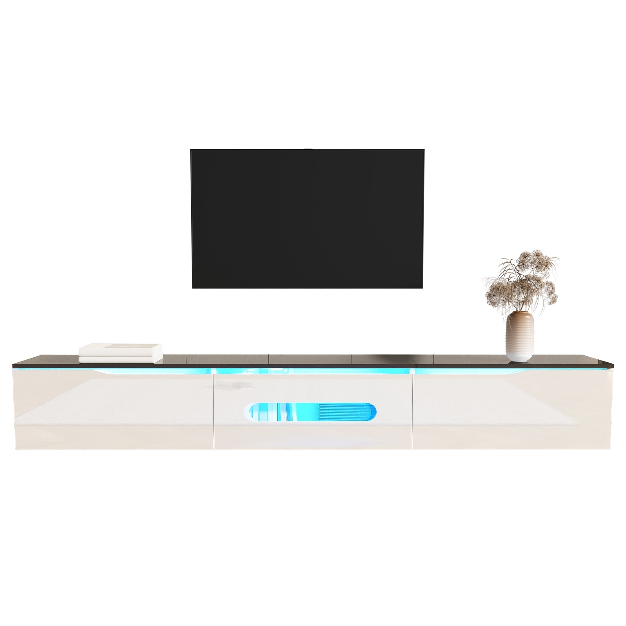 Black and White TV Cabinet, 180cm Long LED High-Gloss, Wall-Mountable