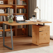 Computer Desk with Cabinet Drawer Metal Legs, Natural Wood Finish