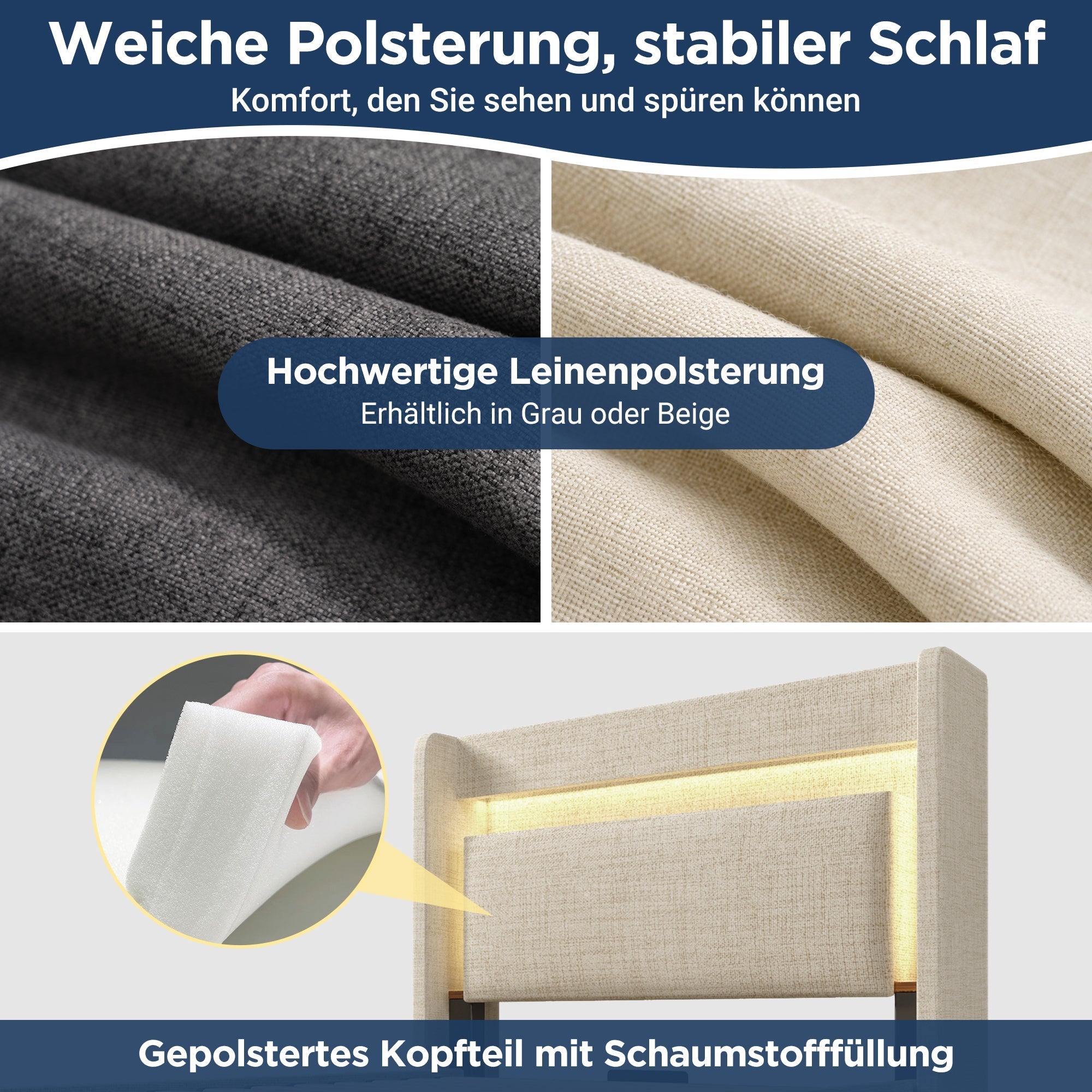 Upholstered Bed 90x200 cm with Hydraulic Storage, LED Lighting and USB Charging, Beige Linen