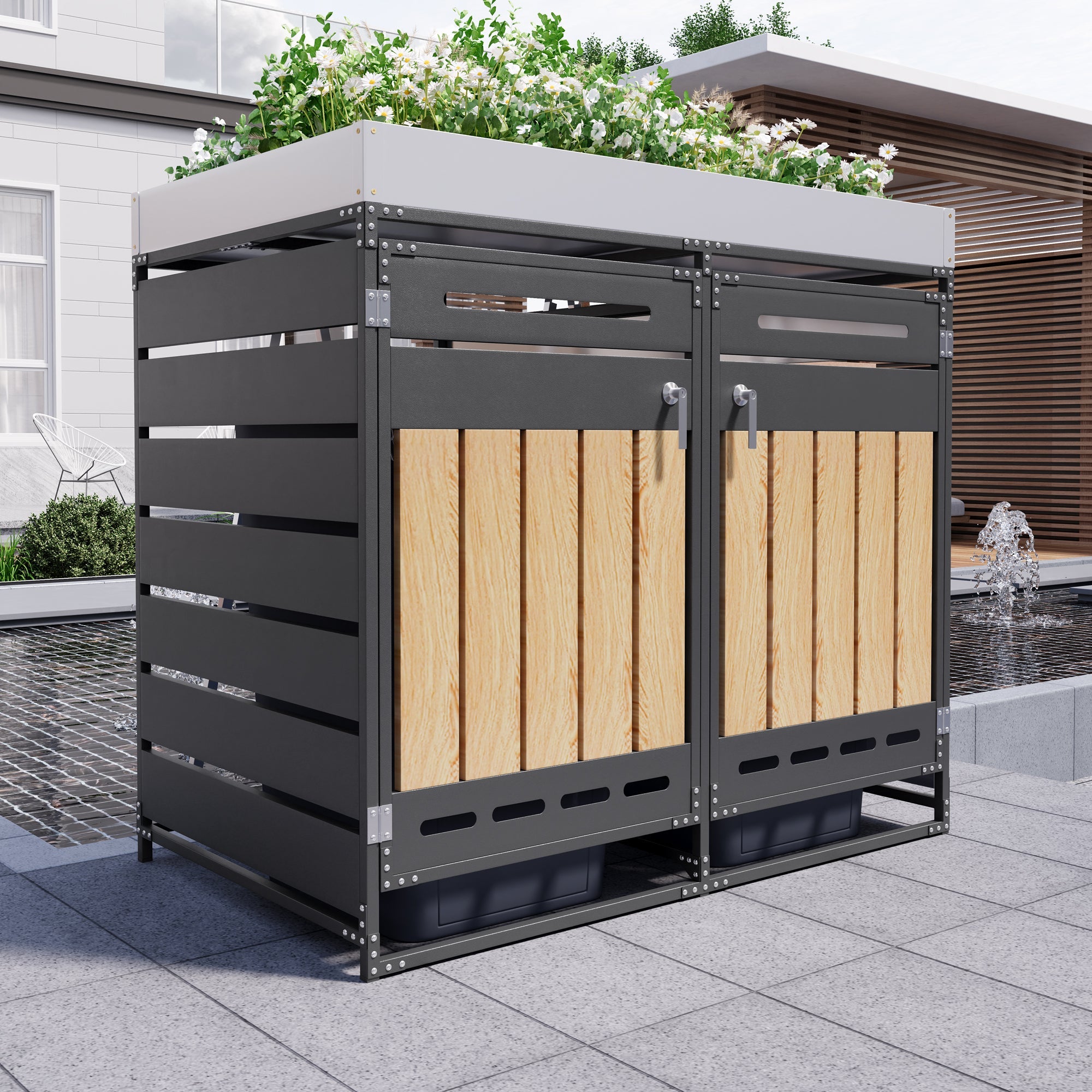 Outdoor Iron Bin Storage Cabinet with Planter Box, Slotted Ventilation and Lock, Wood Grain Panels