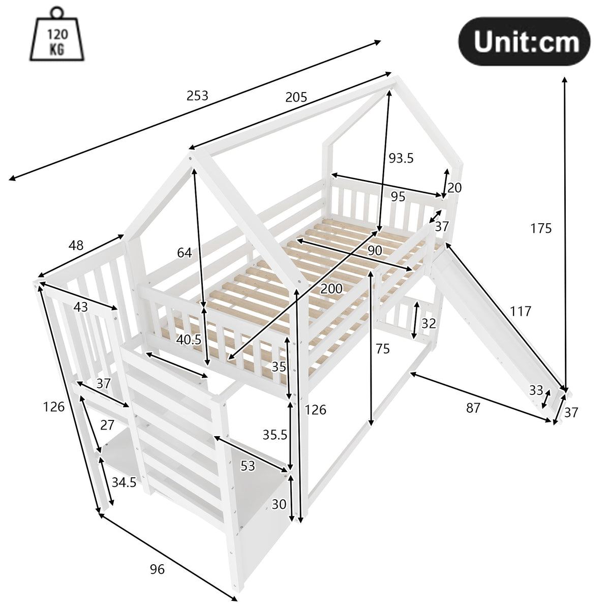 Bunk Bed House 90x200cm Storage Stairs Slide Railing - White