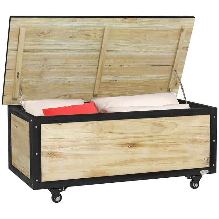 Wooden Garden Storage Box 121L Cushion Box with Wheels, Weatherproof, Natural