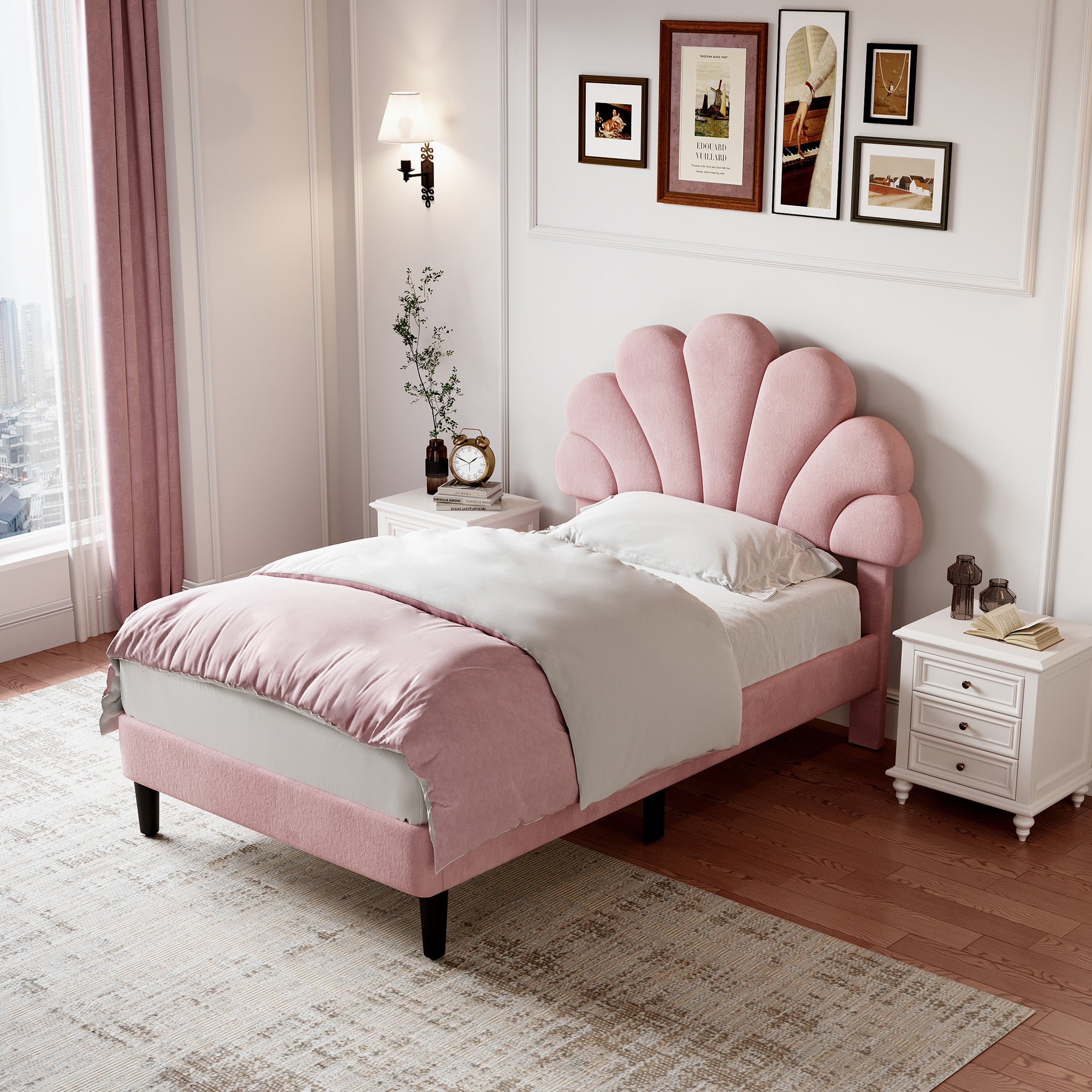 3ft Single Upholstered Velvet Bed Frame, Adjustable Chic Petal Headboard, Pink