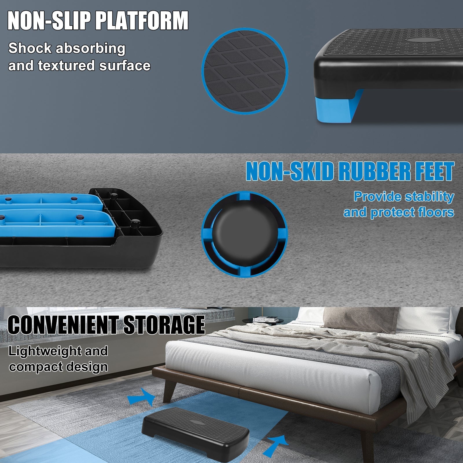 Aerobic Fitness Step Platform, Height Adjustable 10-15cm with Storage, Blue
