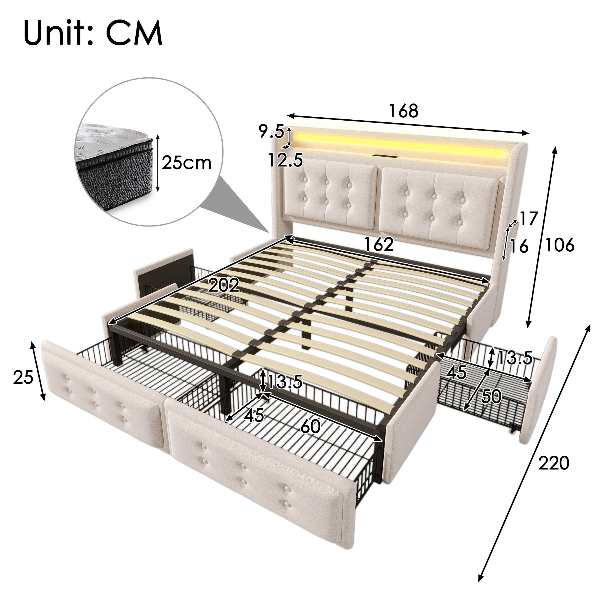 Upholstered Bed 160x200, Double with LED Headboard, USB-C Charging & 4 Drawers, Beige Cotton