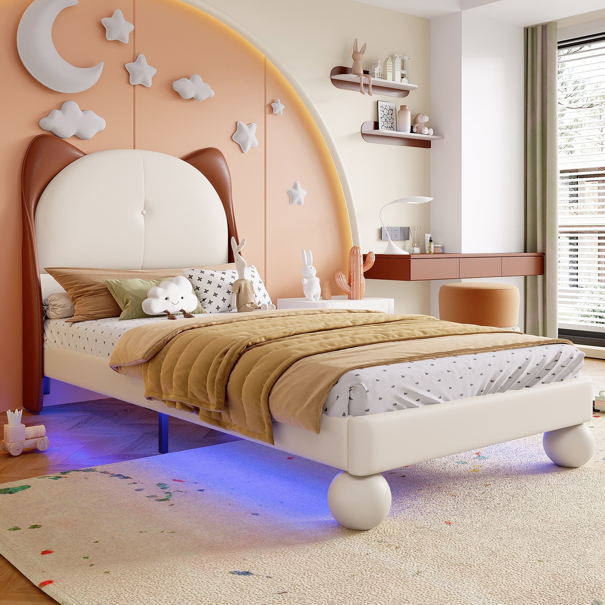 Upholstered Bed, Single/Children's, Cat-Ear Headboard, LED Light Strip, Beige + Yellow-Brown PU