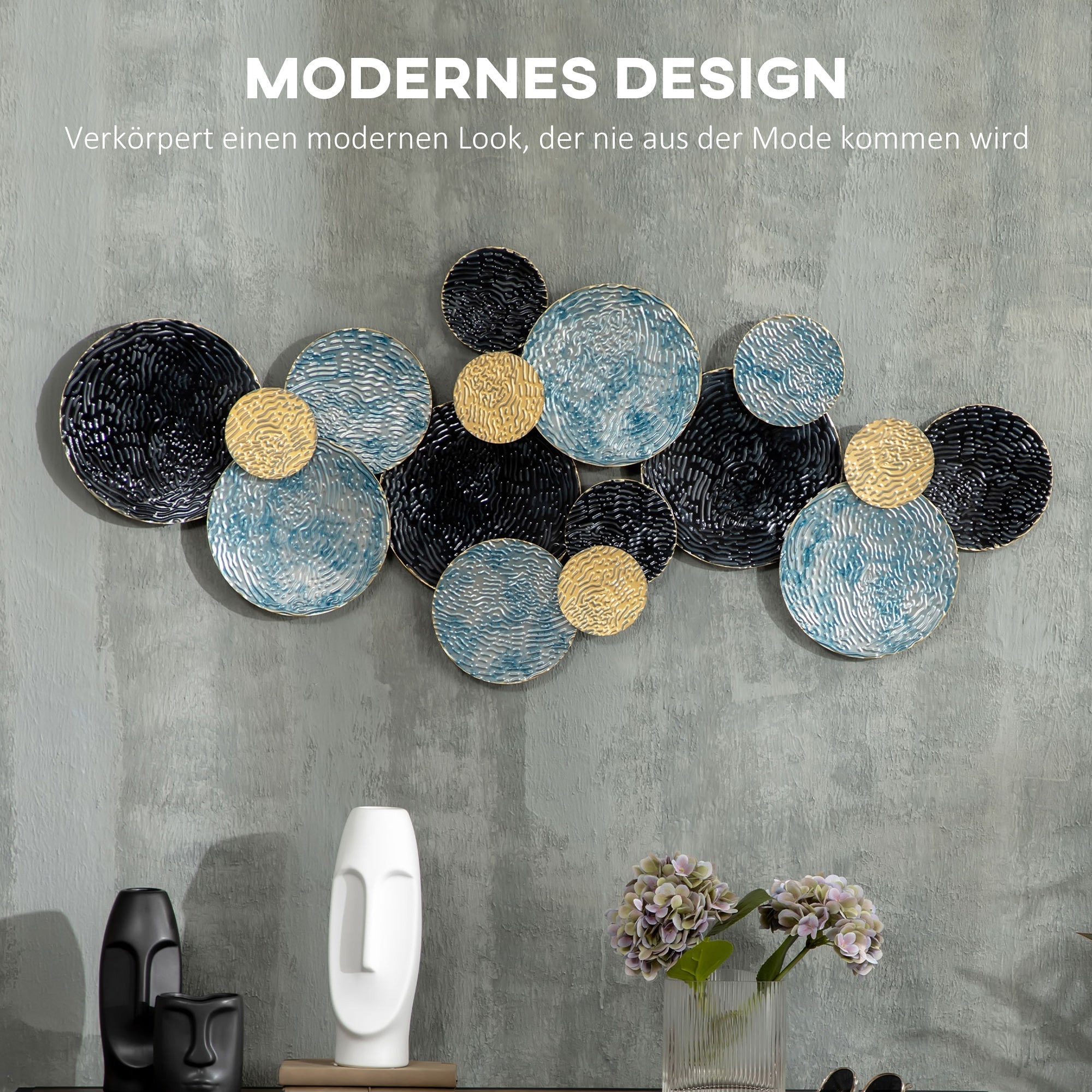 3D-Wandkunst, moderne Skulptur, 121x53cm, Gold Schwarz Blau Metall