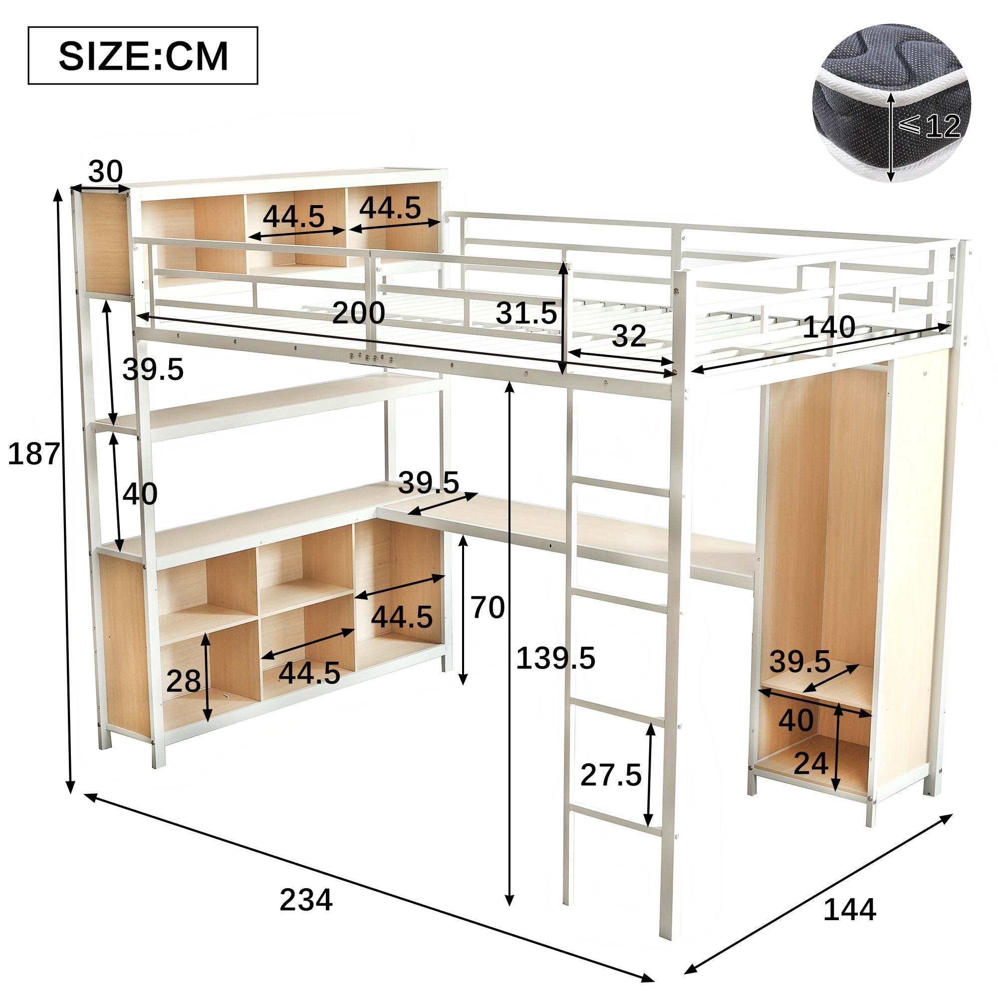 Iron Loft Bed, Double Storage, Wardrobe, White & Natural Iron