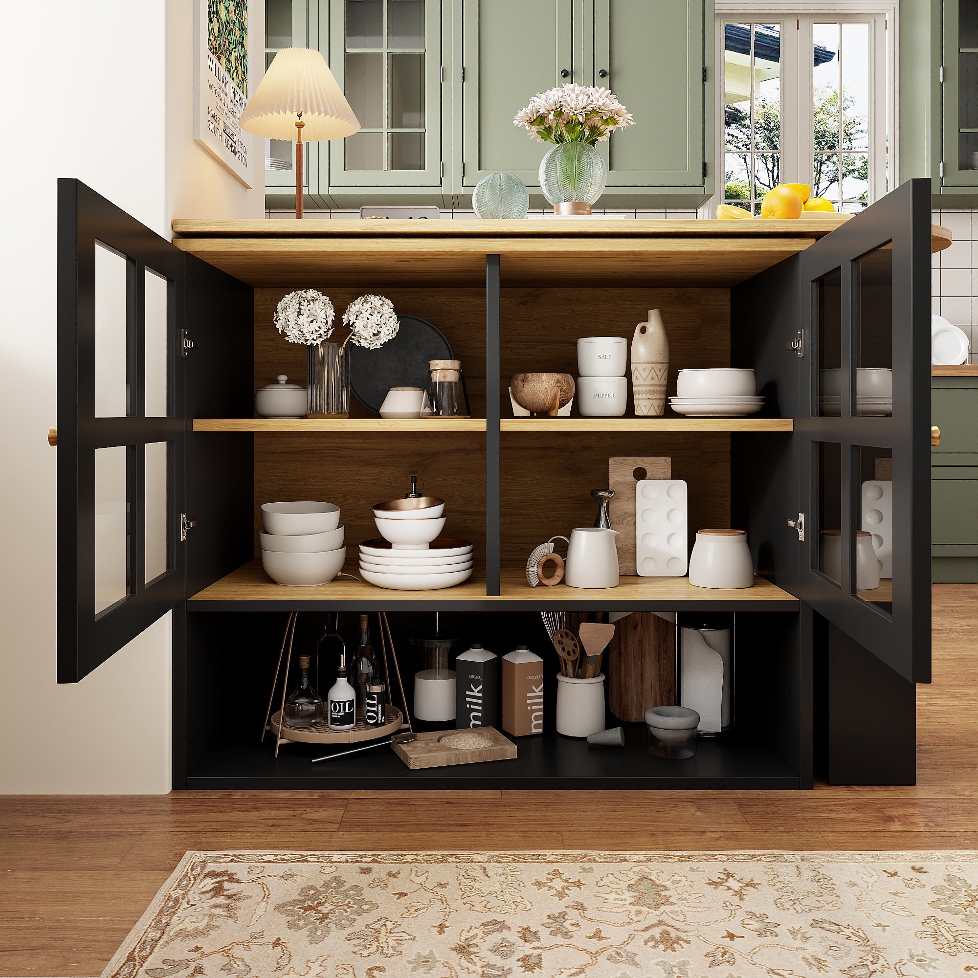 Dining Bar, 360° Rotating Multifunctional with 5 Shelves, Black