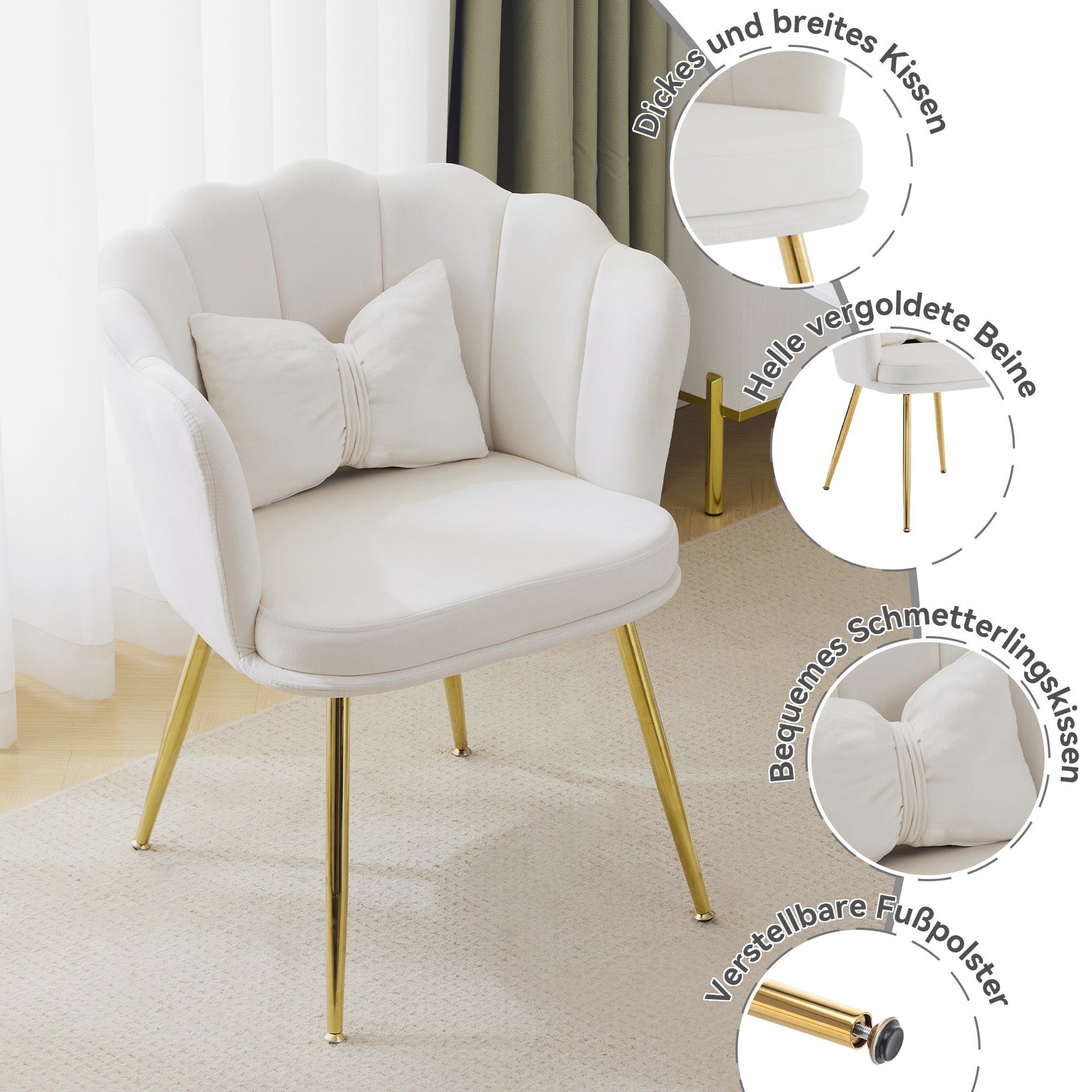 Chairs, 4 Modern Velvet Petal Back Upholstered with Gold Metal Legs and Butterfly Cushions, Velvet