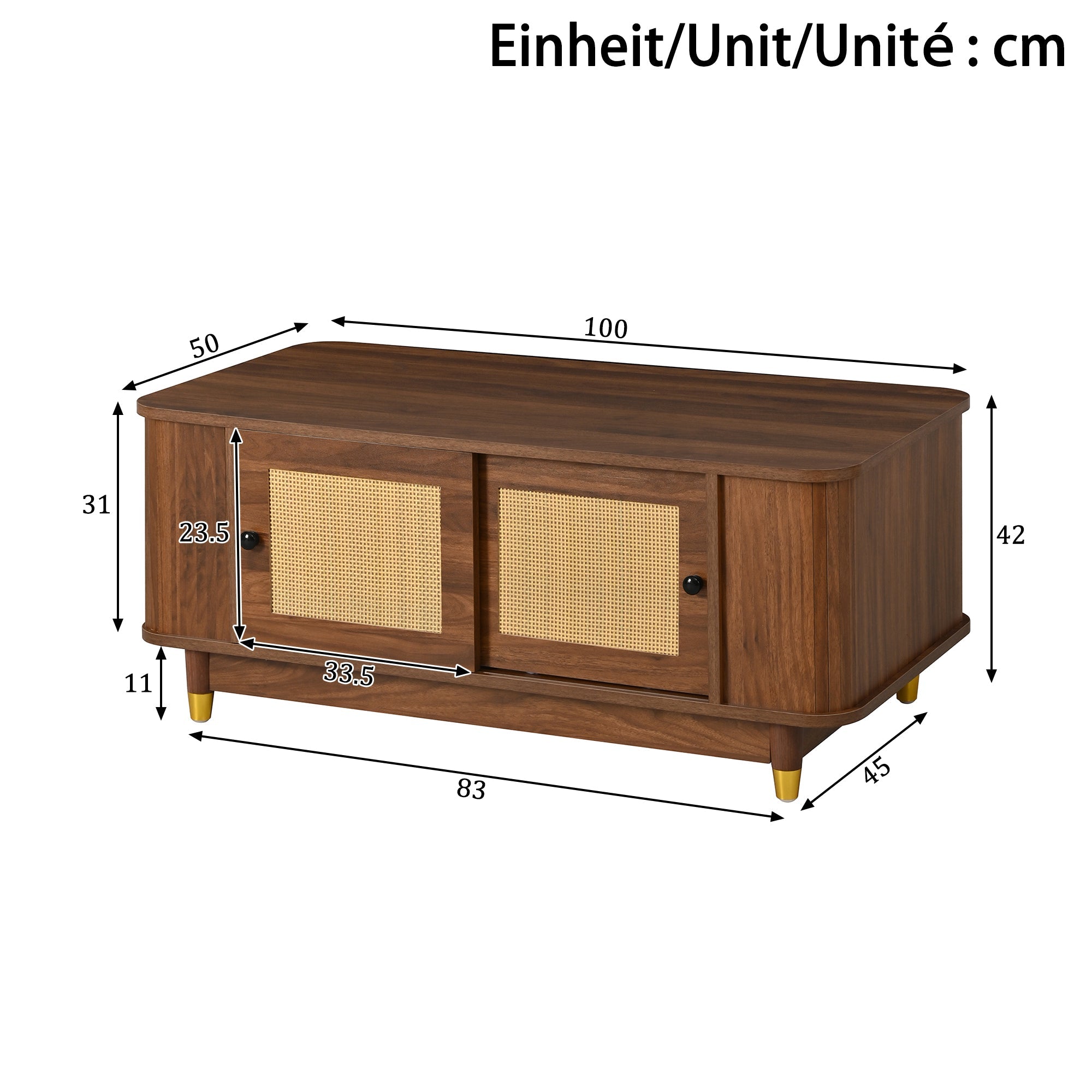 Coffee Table with Rattan Sliding Doors and Rounded Corners, Modern Wood Look MDF