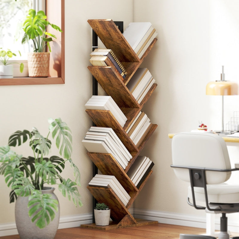 Bookshelf Standing Shelf 9 Levels Tree Shape, Rustic Brown