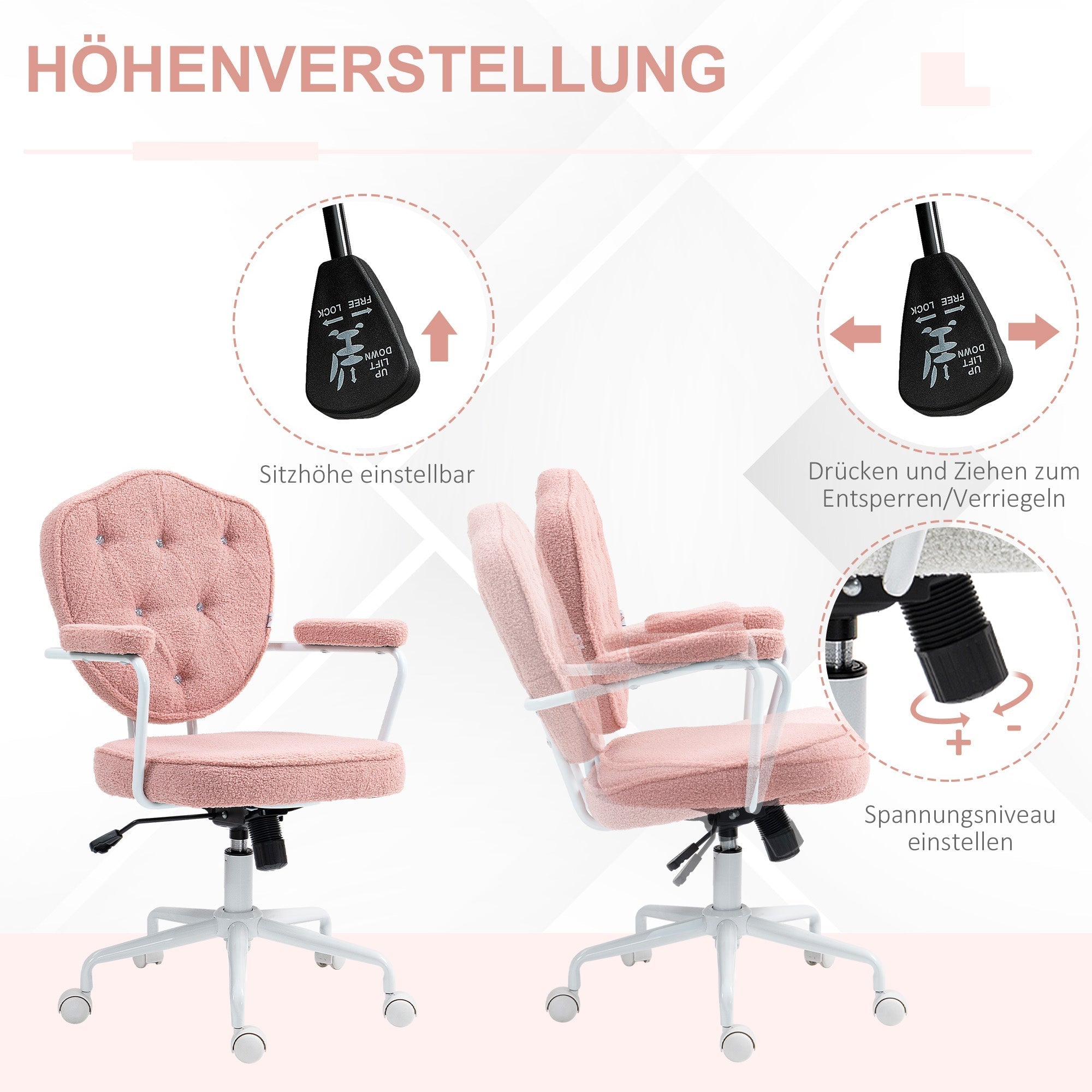 Bürostuhl, ergonomischer Schreibtischstuhl mit Wippfunktion und Drehfunktion, Pinker Teddyfleece