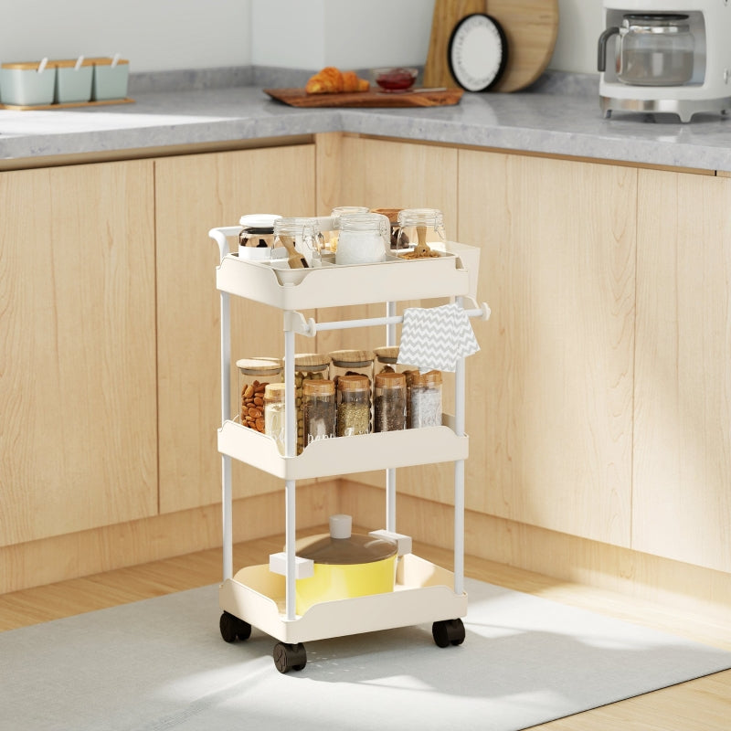 Storage Trolley 3 Baskets Towel Rack Wheels White