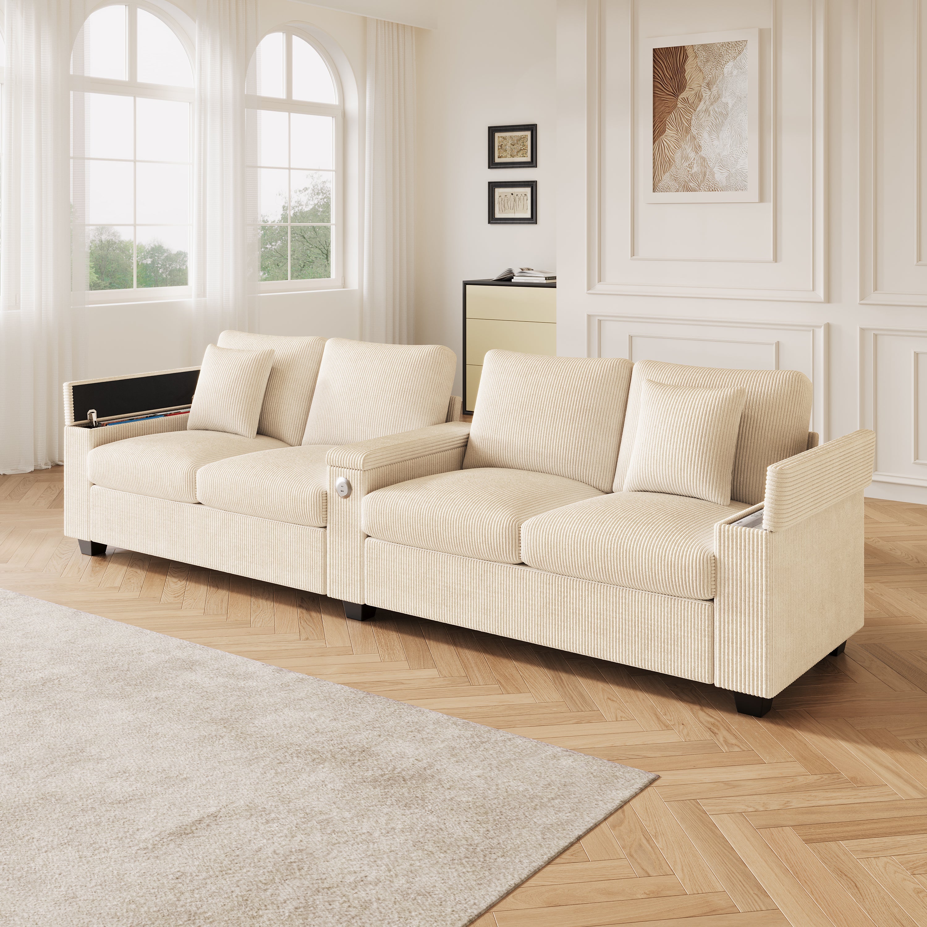 Modern 4-Seater Corduroy Sofa with USB Charging and Storage, Beige