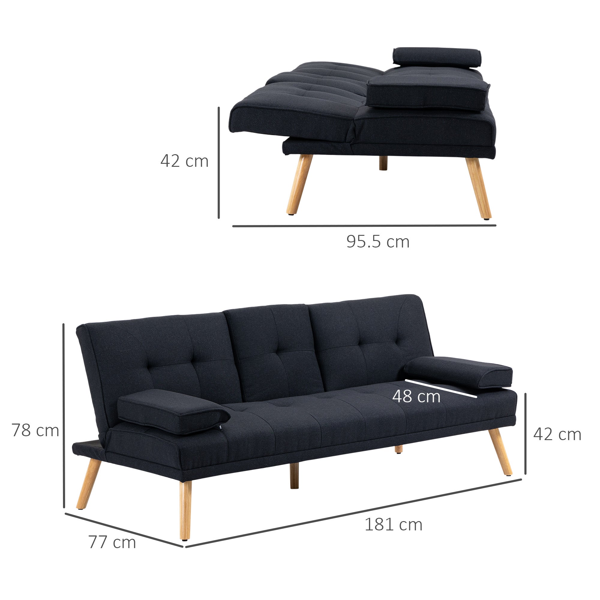Sofa Bed 3-Seater Fold-Down Table Cup Holder Scandinavian Design Linen Look Grey