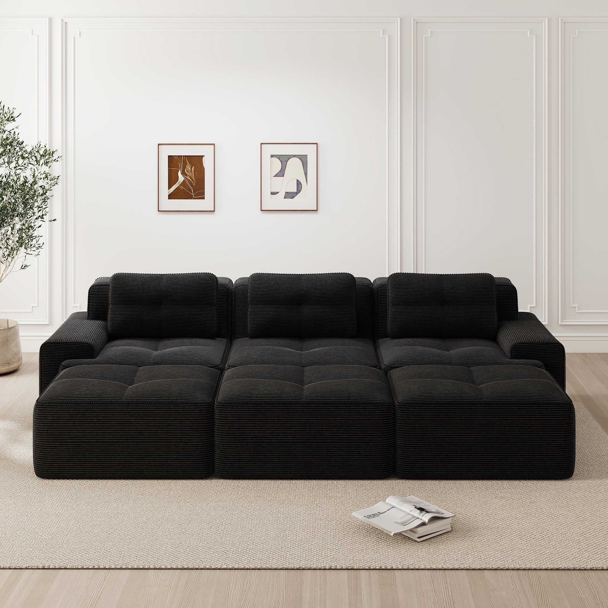 Frameless Modular Corner Sofa Sleeper 3 Ottomans - Corduroy Black