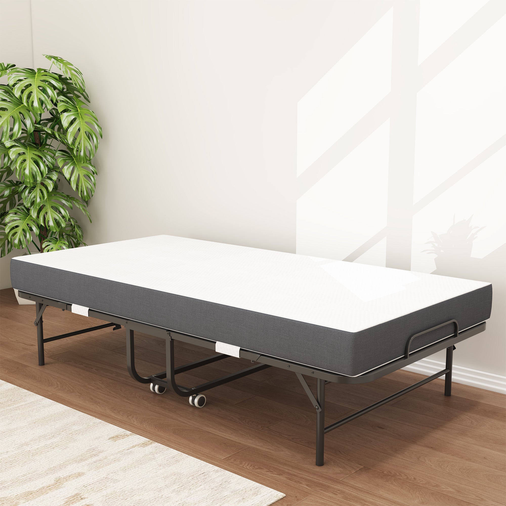 Folding Twin Bed, 190x96cm 9.5cm Memory Foam Mattress, Metal Frame