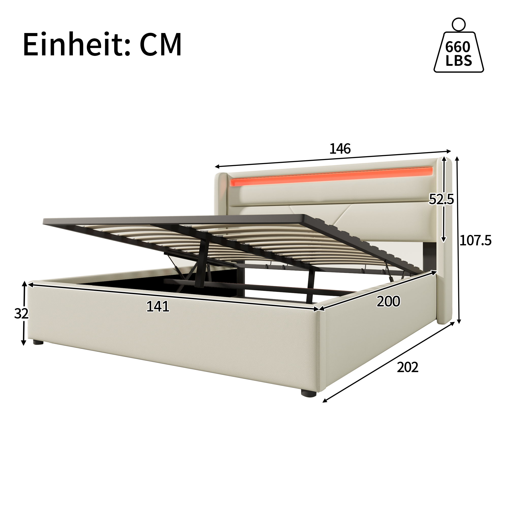 Hydraulic Storage Bed, LED Lighting, 140x200cm, White