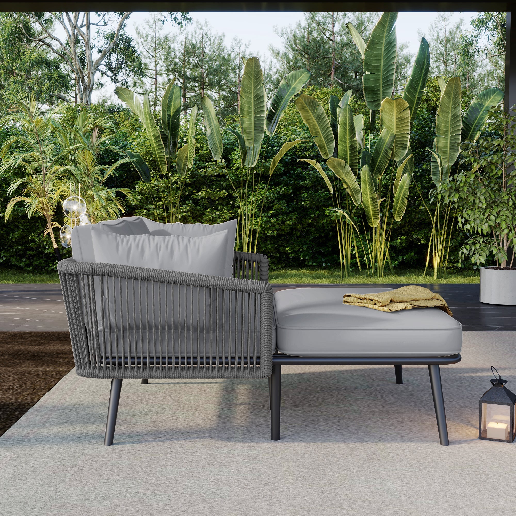 Garden Sofa and Sun Lounger with 2 Cushions and 2 Pillows, Grey