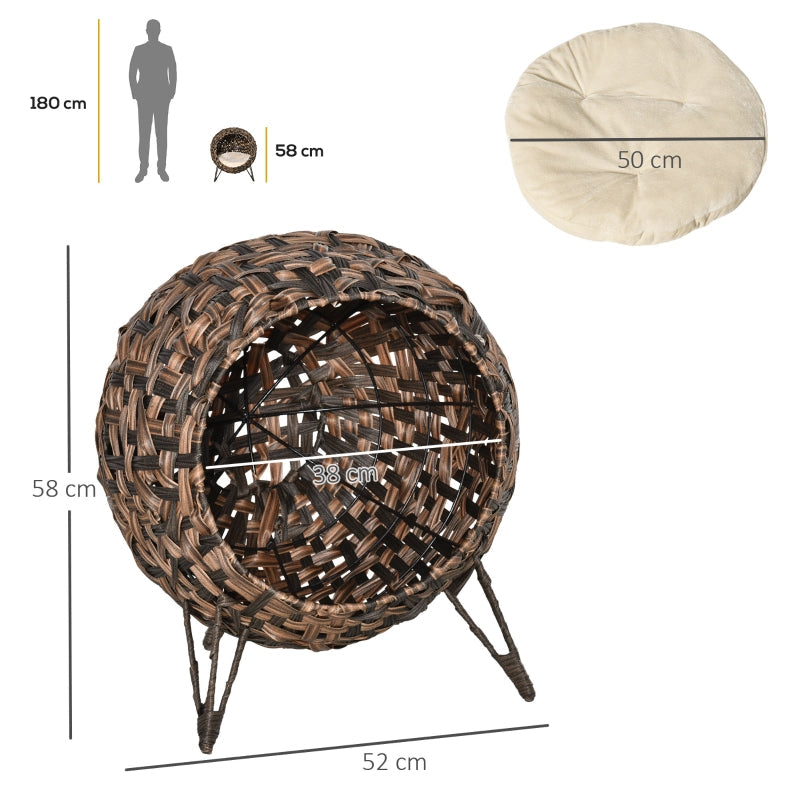 Rattan Cat House with Cushion, Raised Feet, Brown