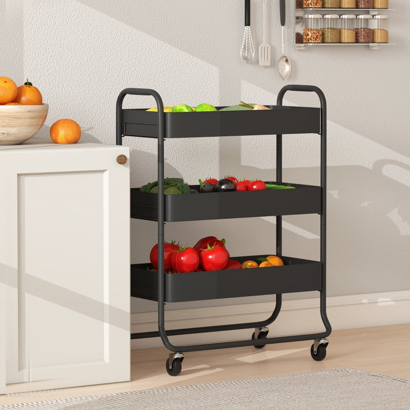Kitchen Trolley 3 Baskets 4 Wheels - Metal Black