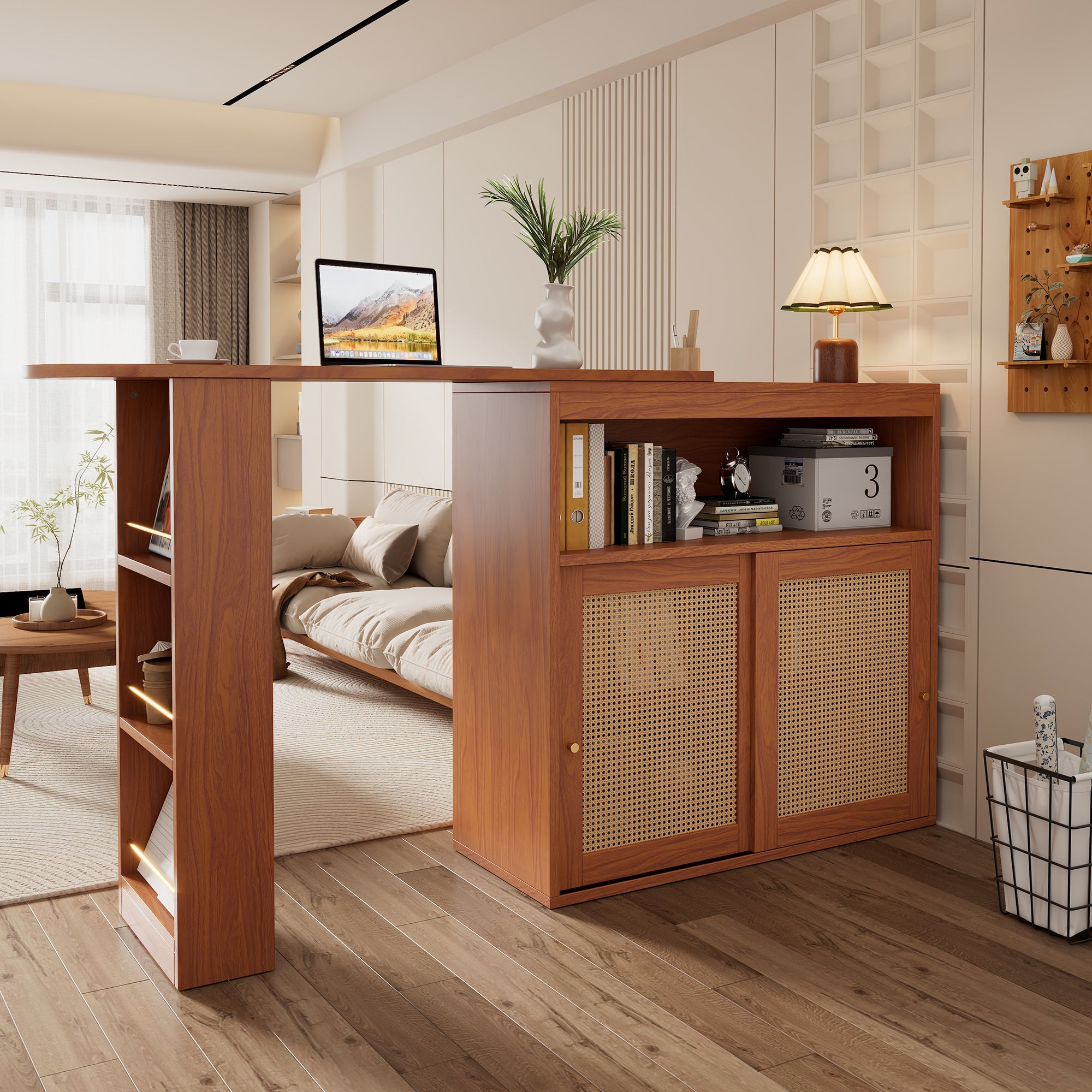 Extendable Bar Table, Adjustable Shelves Rattan Weave