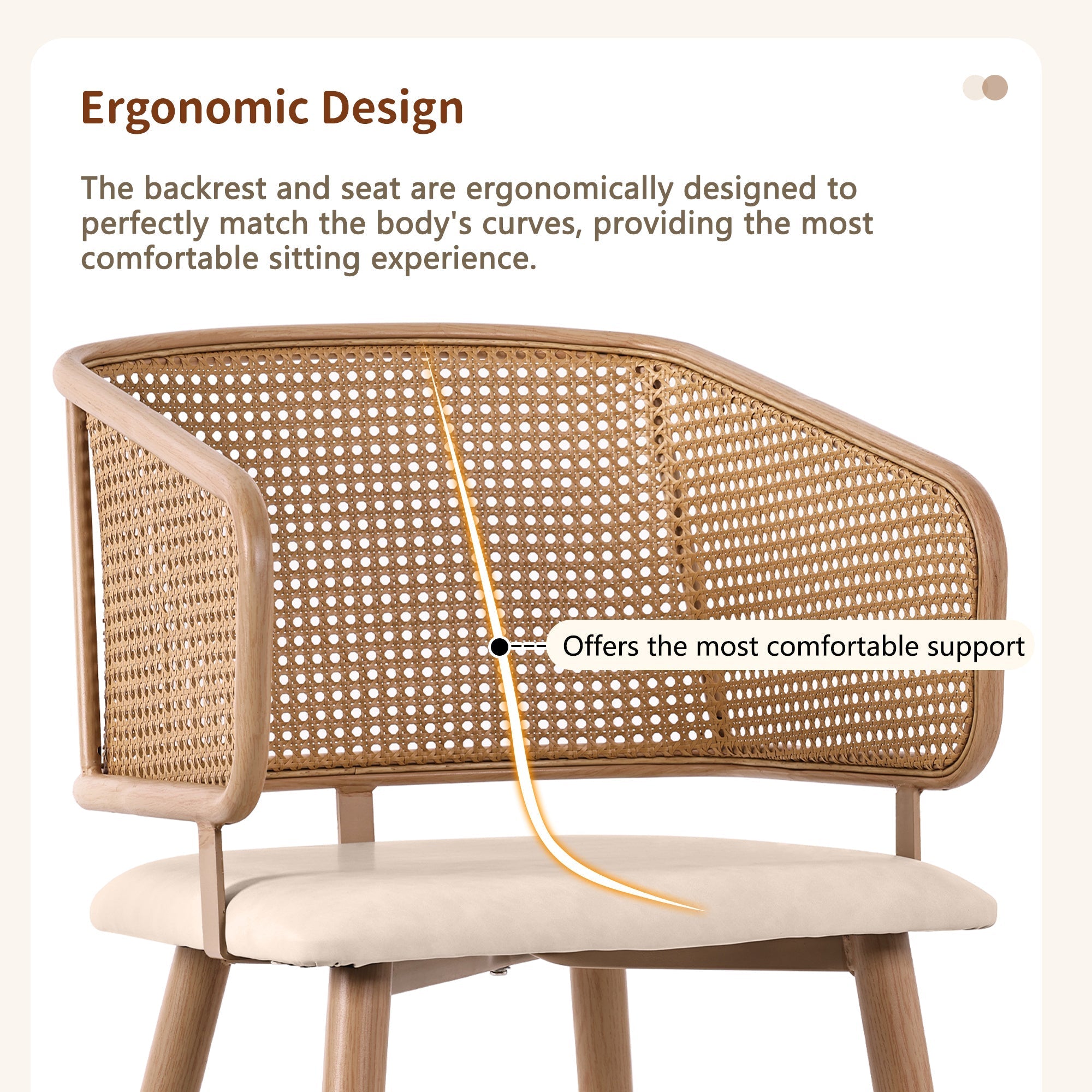 6 Dining Chairs, Modern Rattan Backrest PU Leather Seat, Rattan/PU Leather