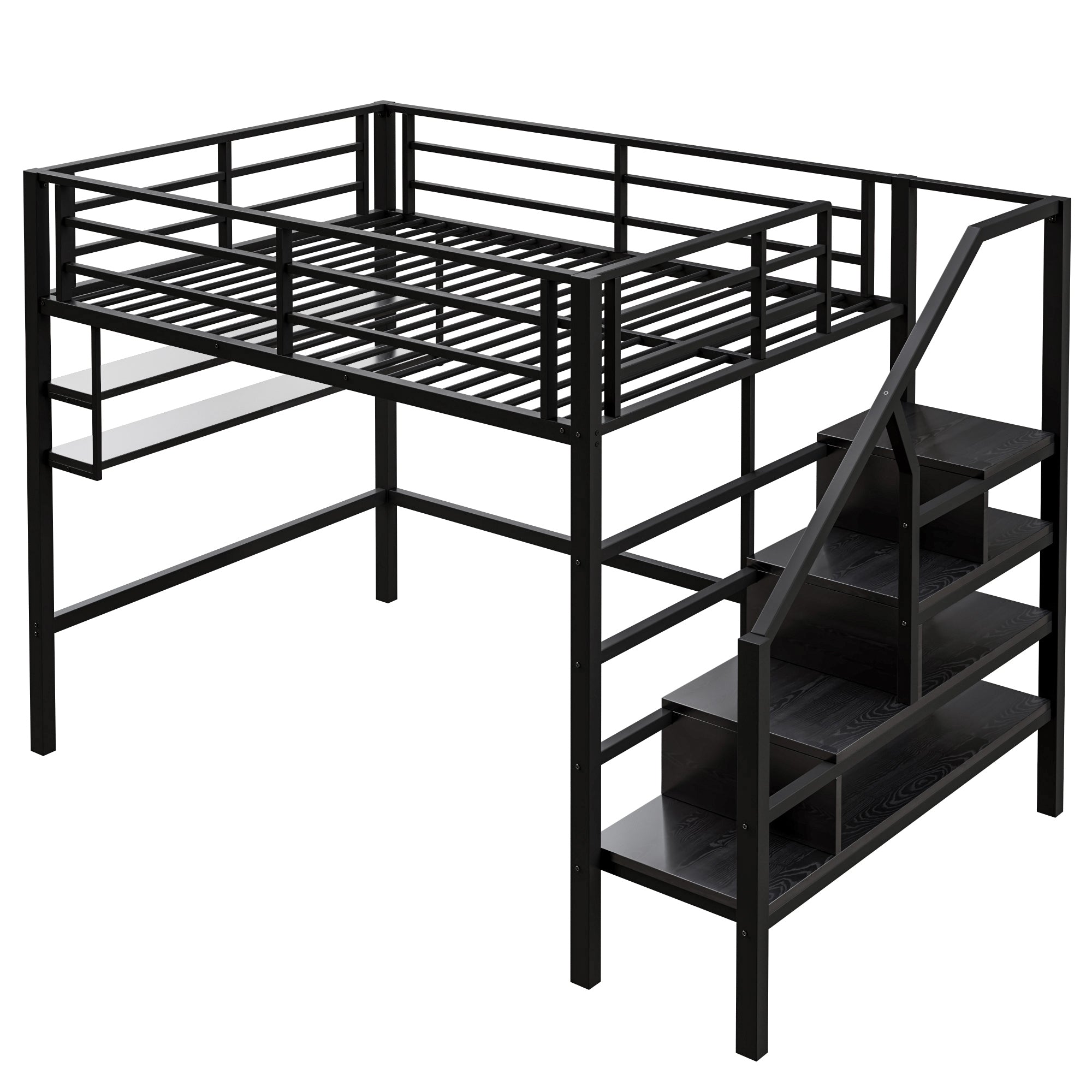 Loft Bed 140x200cm Storage Ladder Shelves Railing Black