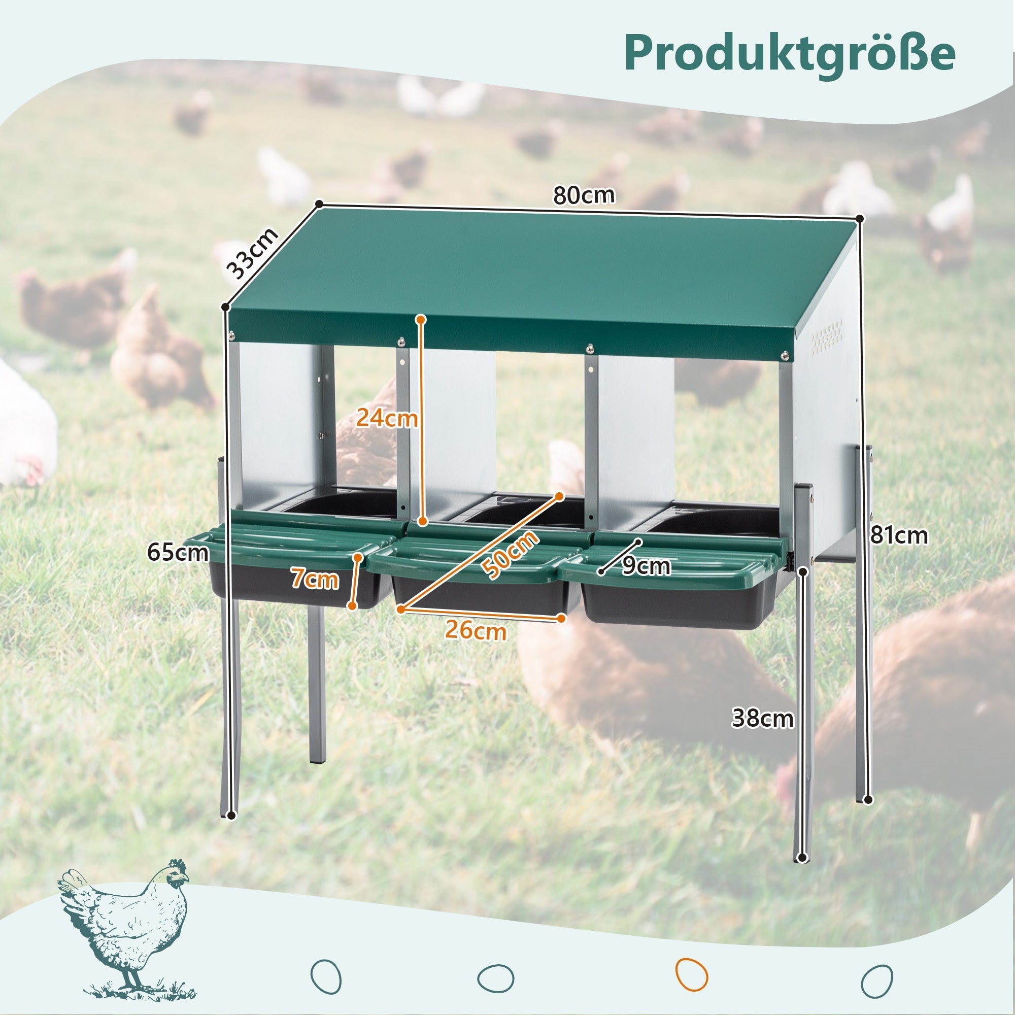 Chicken Nesting Boxes with 3 Holes, Legs and Outdoor Cover, Green