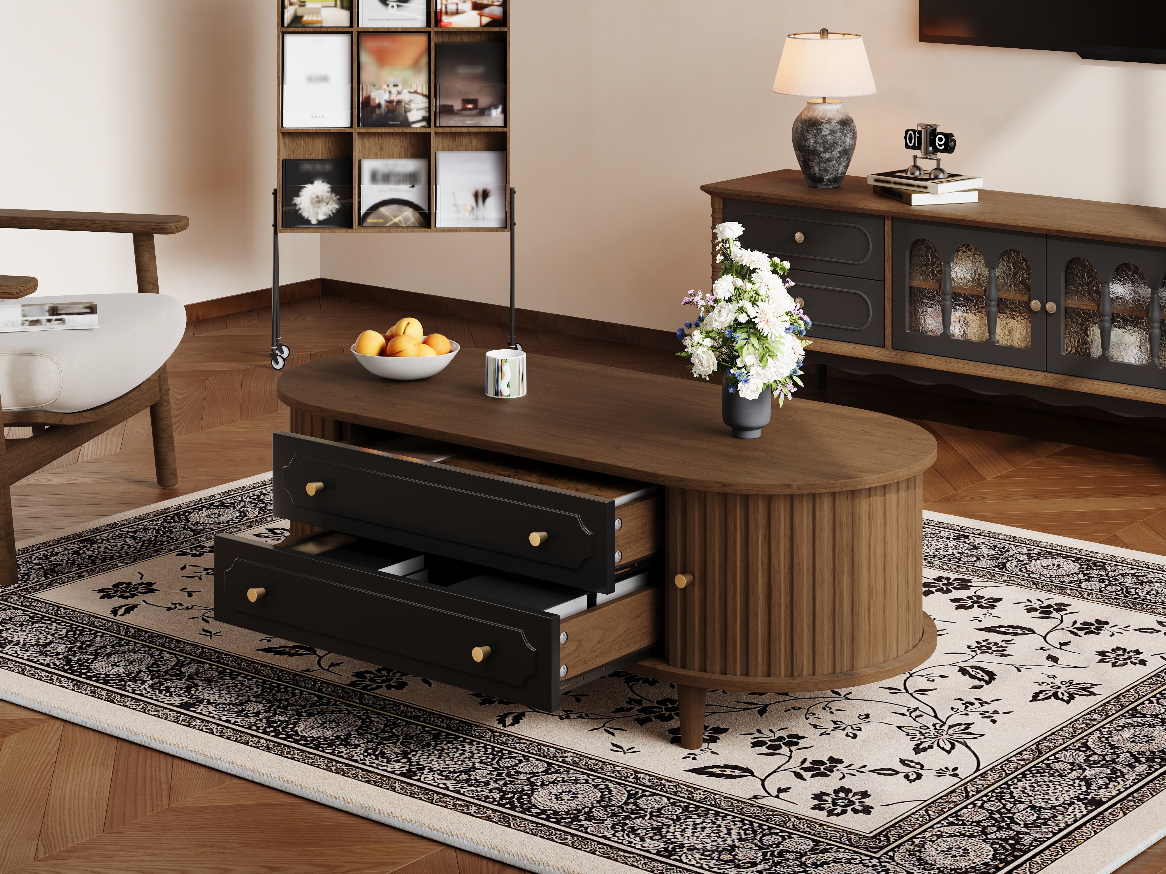 Coffee Table with 2 Drawers and Roll-up Doors, Walnut and Black