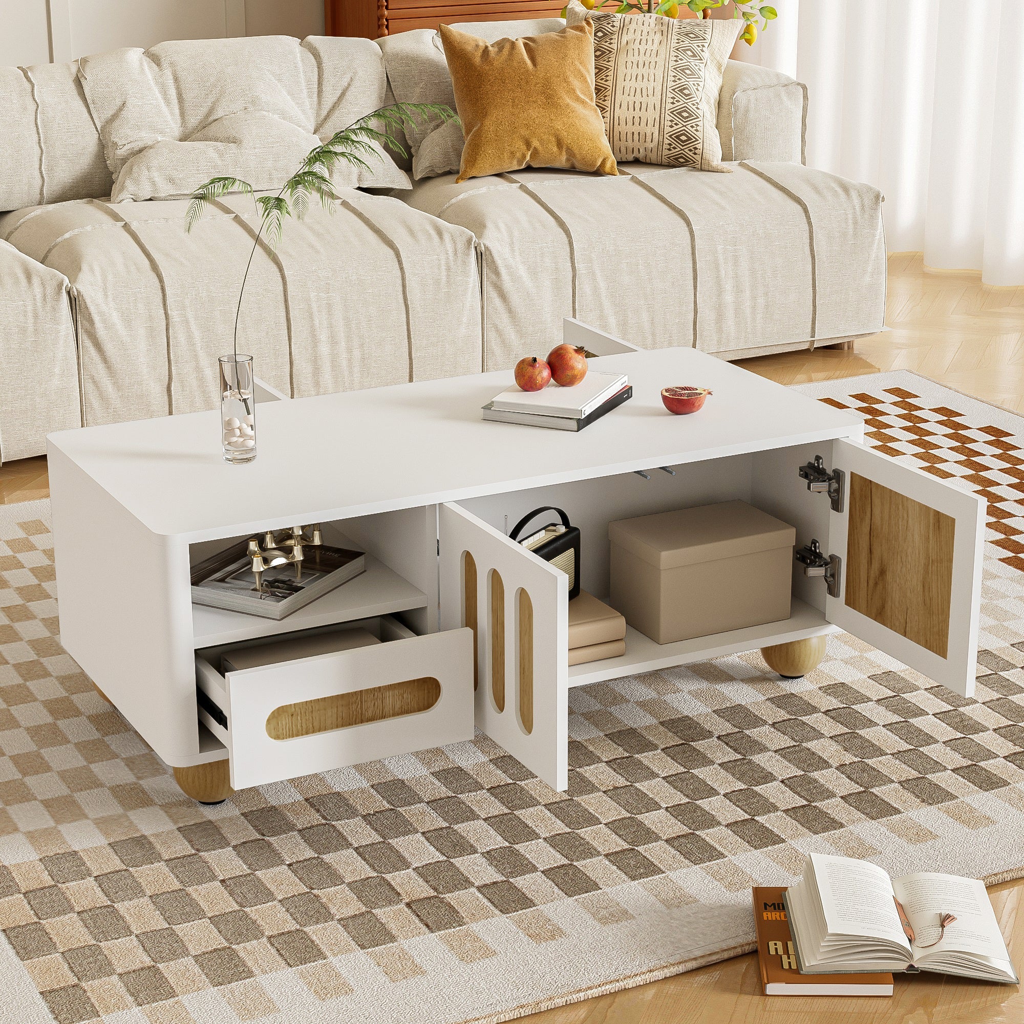 Coffee Table, 105x50x40 cm, 4 Doors, 2 Drawers, LED Light, White Wood