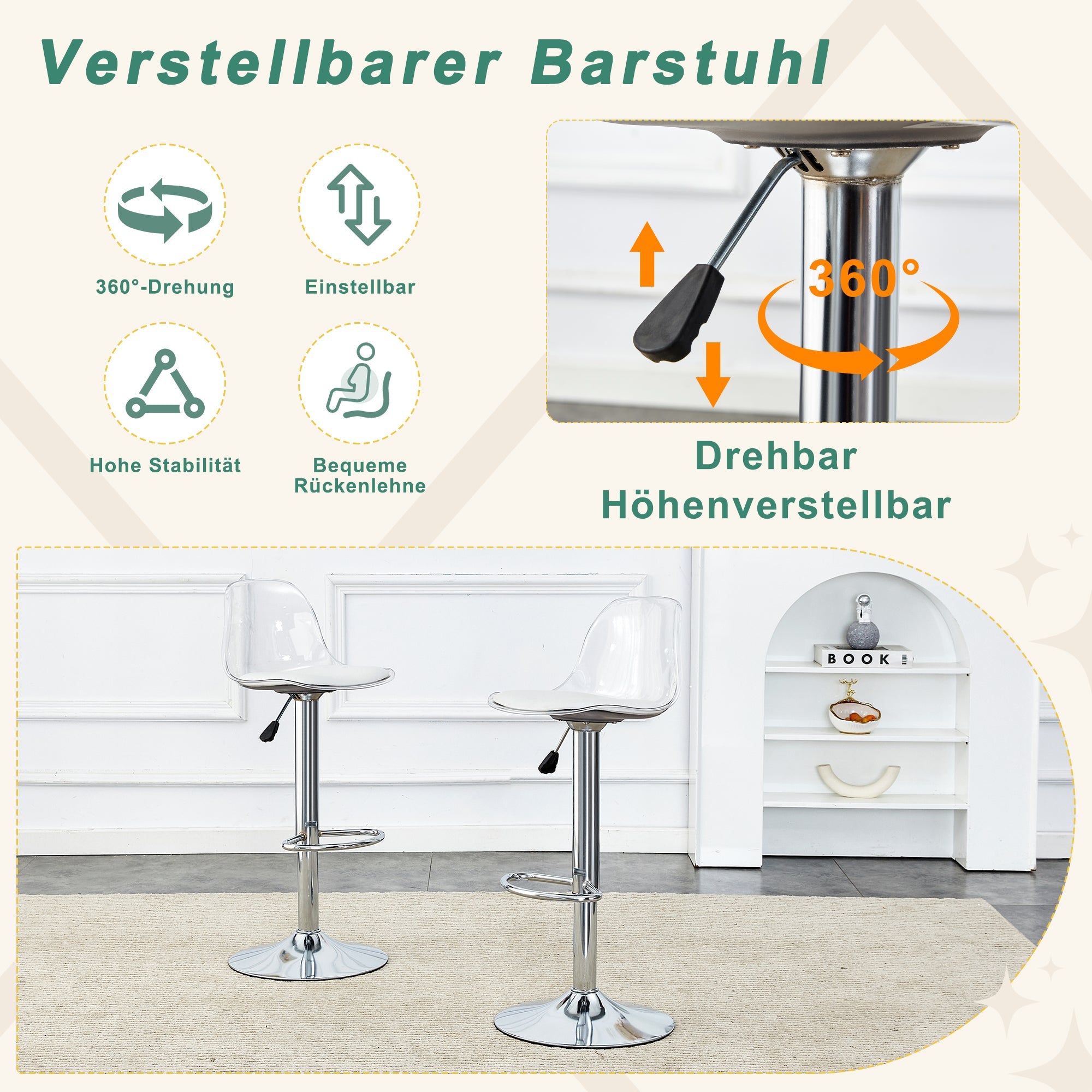 2-Pack Beam Chairs Adjustable 360° Swivel - Transparent/Silver Metal