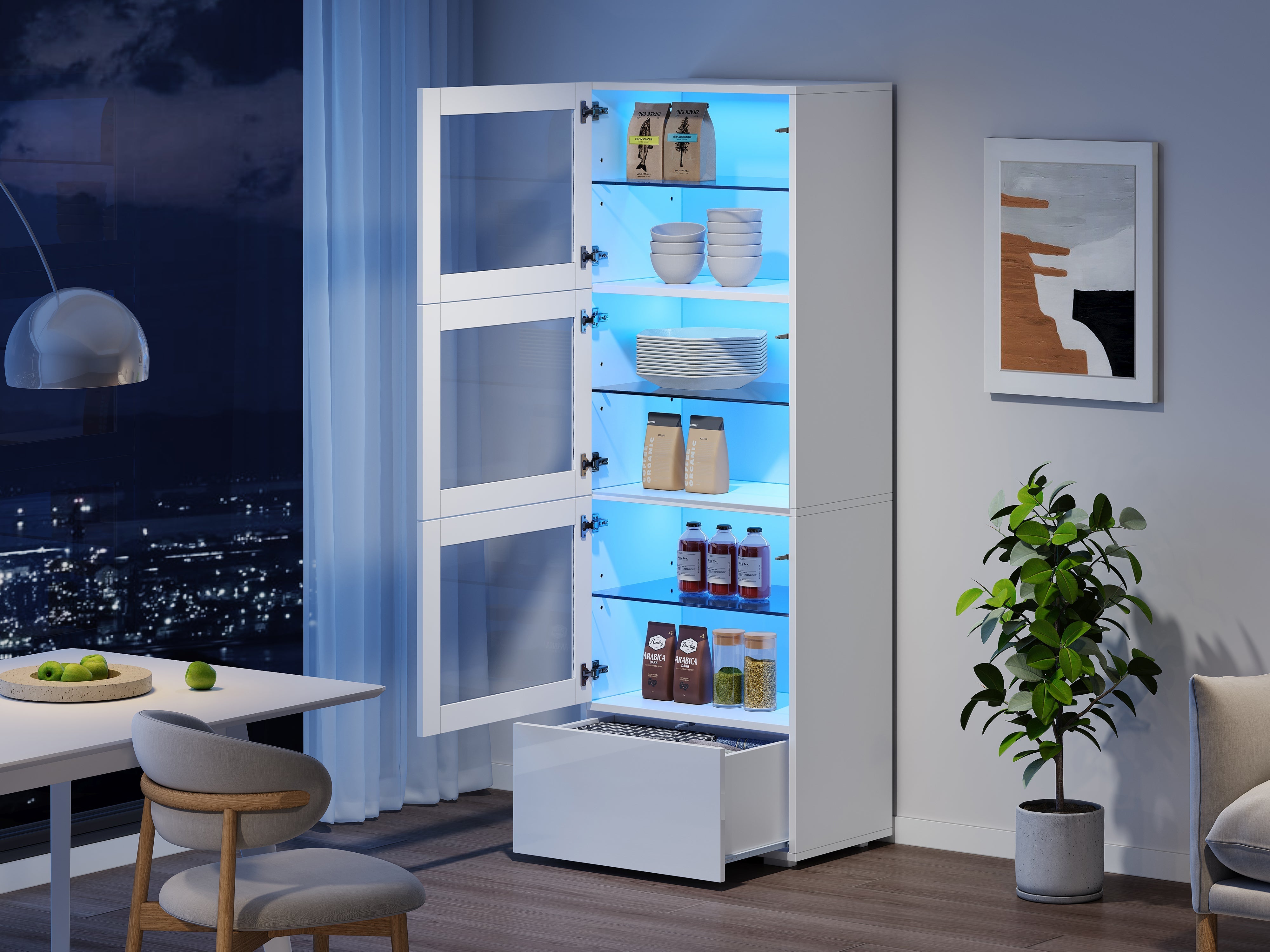 Display Cabinet High-Gloss LED Lighting 3 Glass Shelves, White