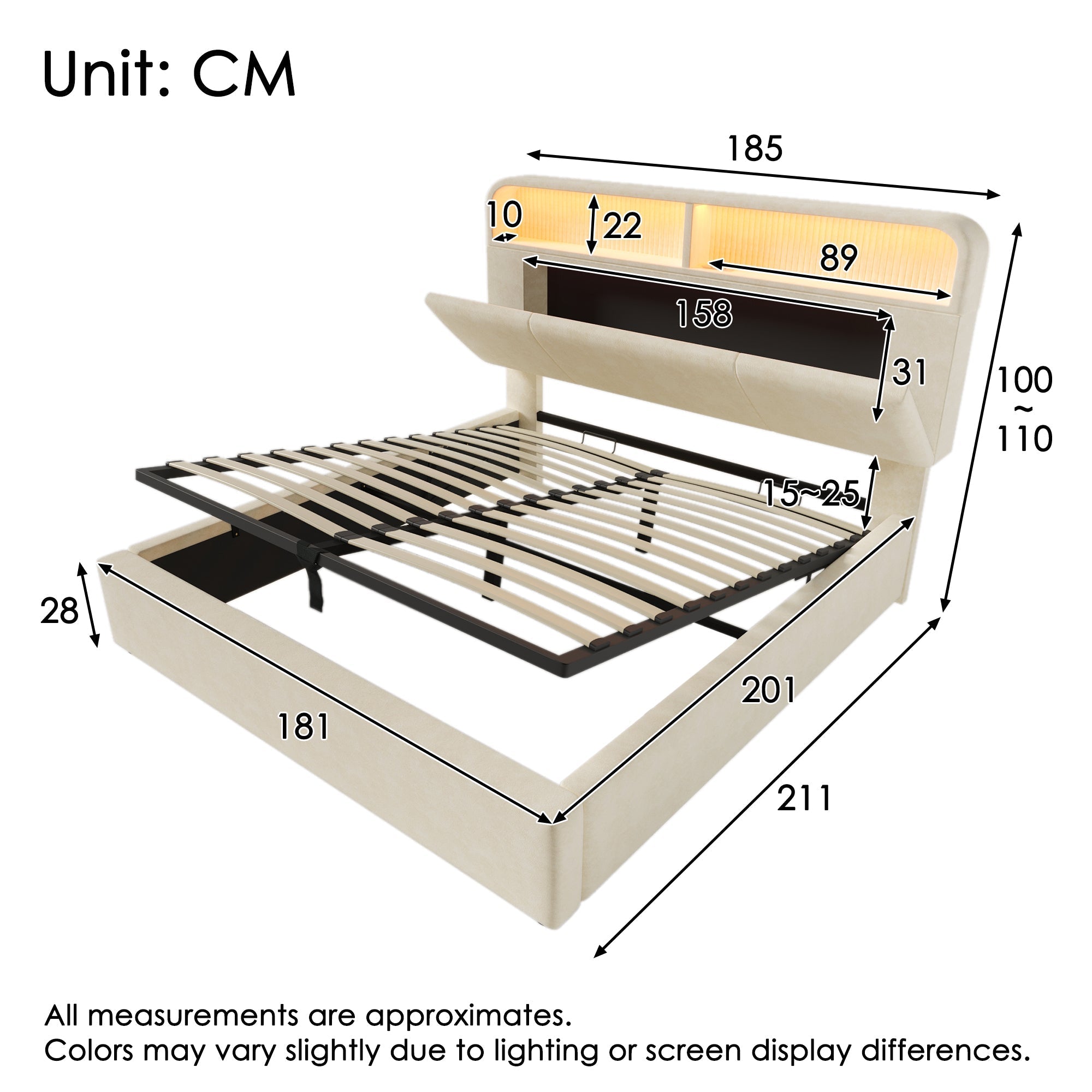 Upholstered Double Bed with Storage Headboard, Hydraulic Lift, LED and USB Charging, 180x200cm, Beige Velvet