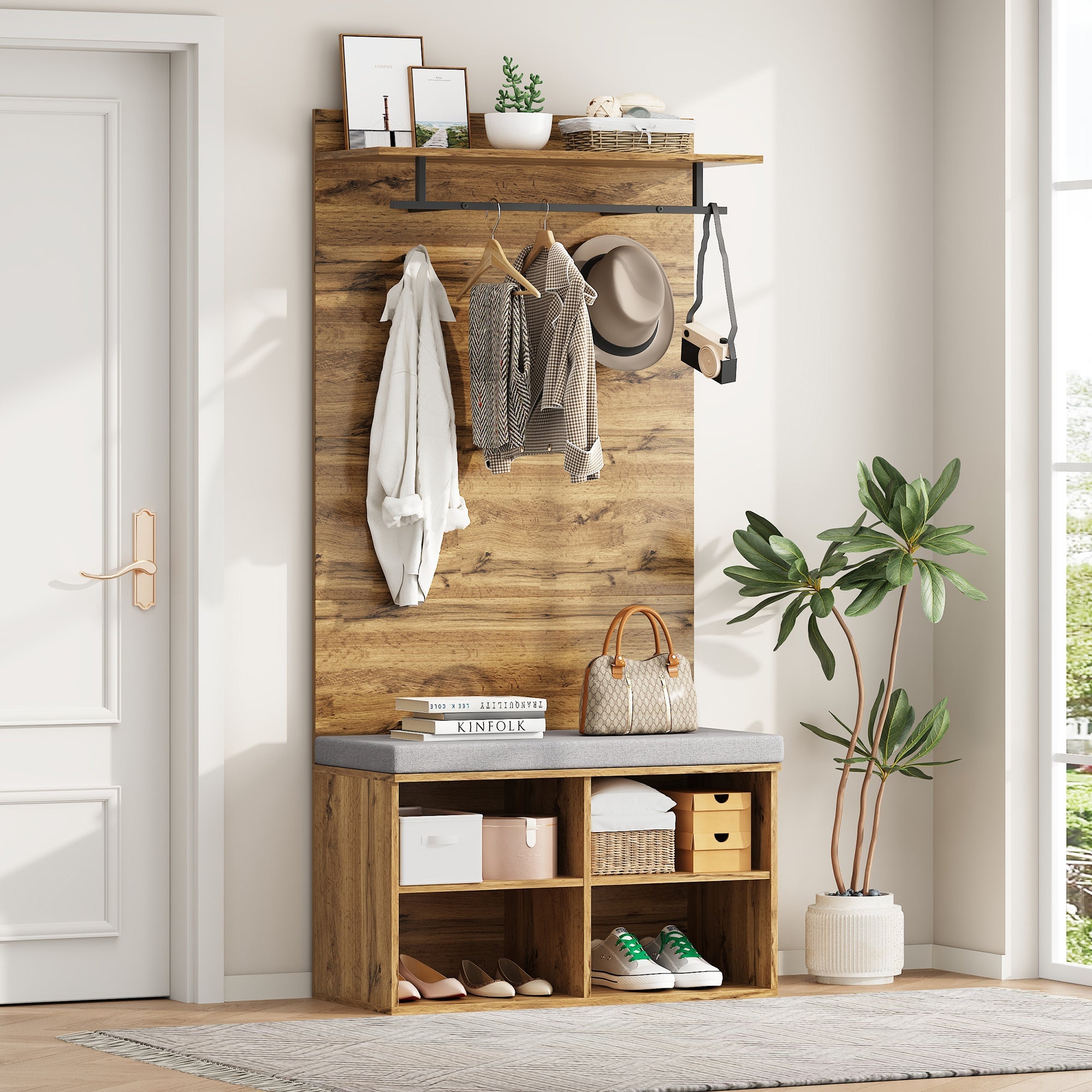 Wardrobe Set with Shoe Bench, Adjustable Shelf & Clothes Rail, 175cm High, Wood Look