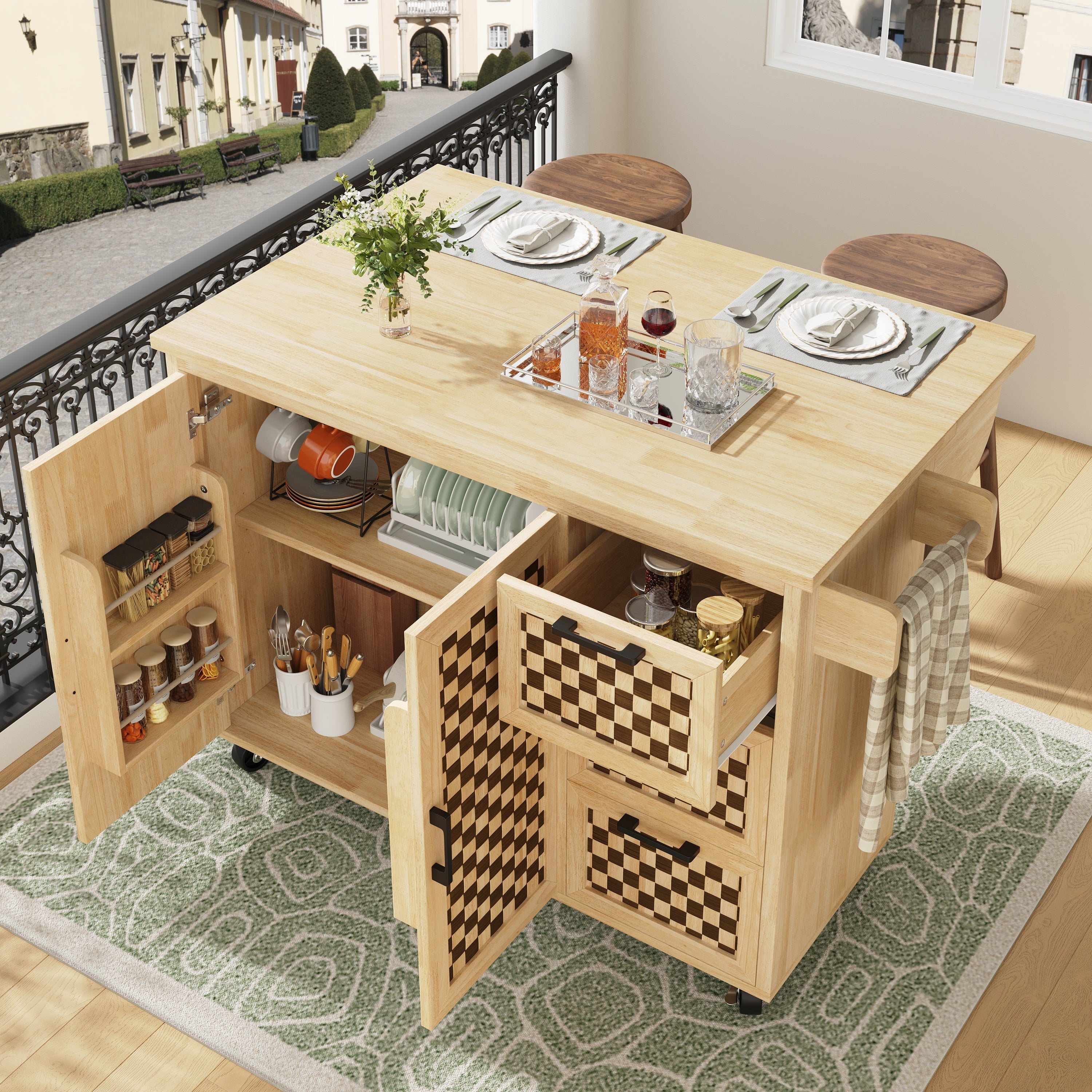 Extendable Kitchen Island Trolley 120cm 3 Drawers 2 Doors - Checkerboard Wood Grain