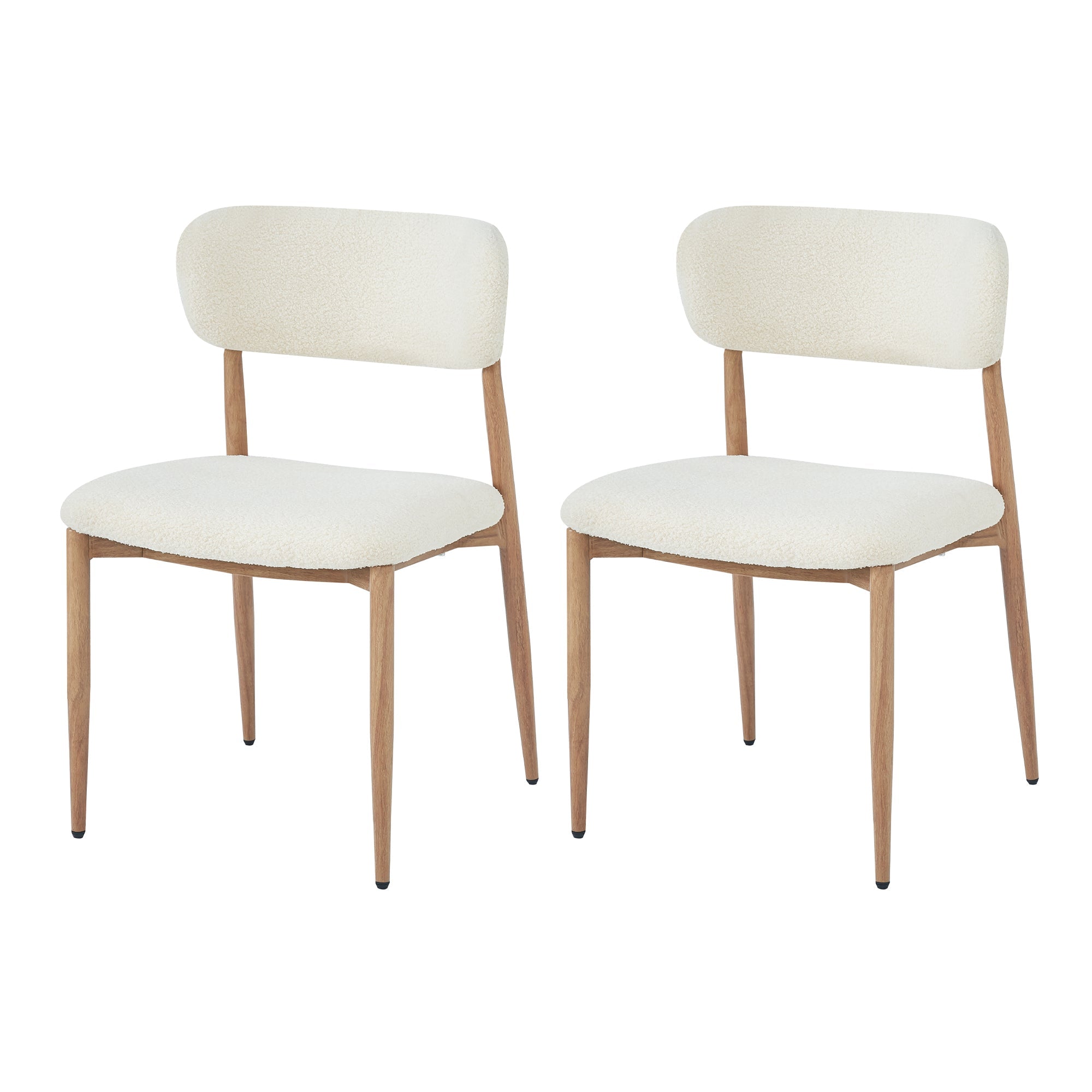 Set of 2 Dining Chairs, Metal with Wood Look and Breathable Backrest, Natural Bouclé