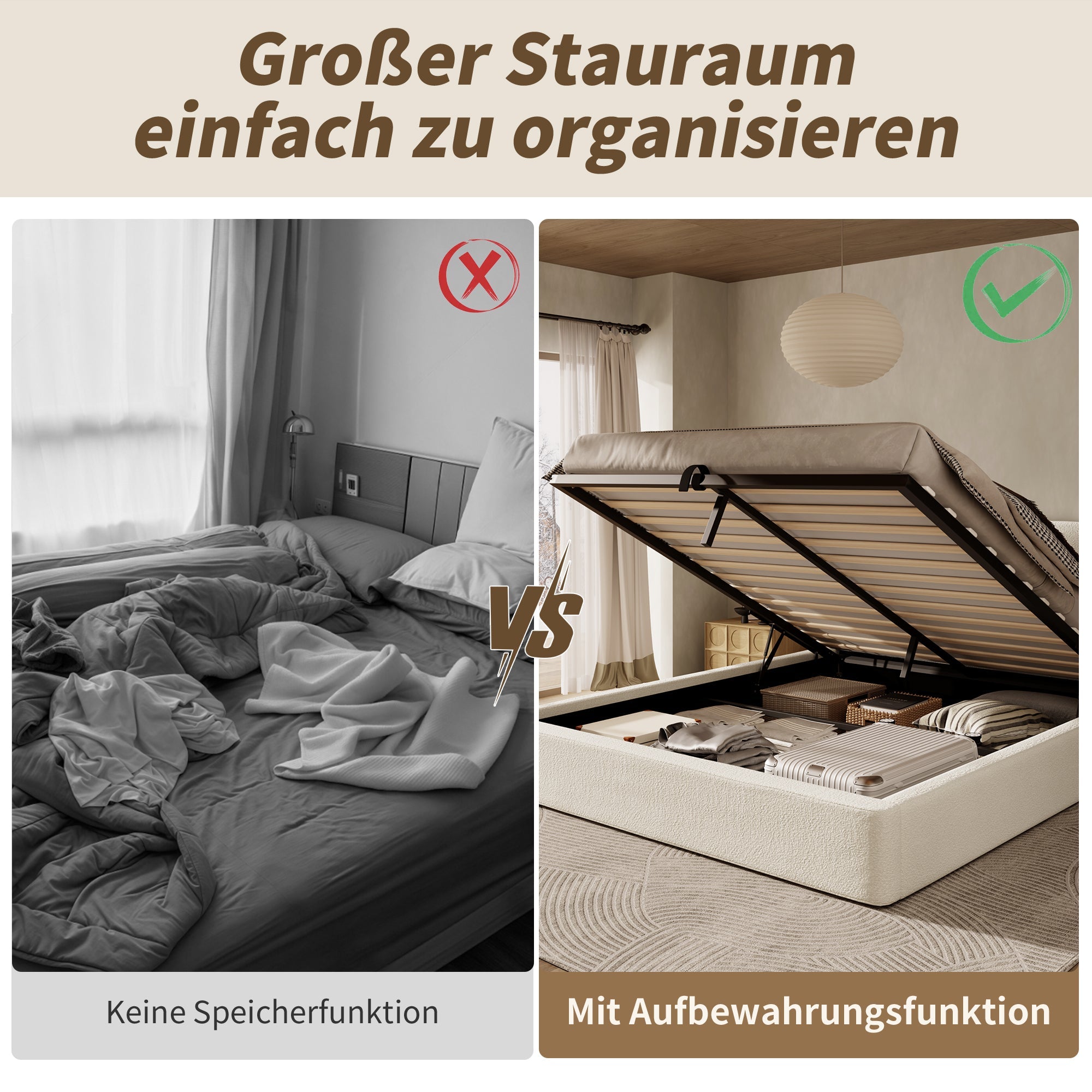 Upholstered Double Bed 180x200cm with Hydraulic Storage and Slatted Base, Beige Bouclé