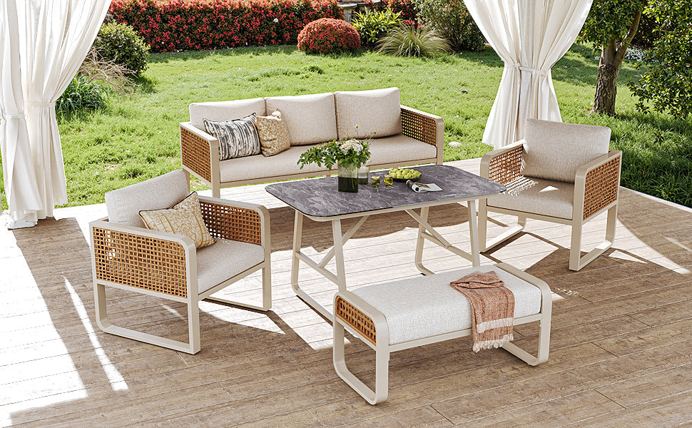 Garden Lounge Set for 6-7 People with Side Table and Washable Cushions, PE Rattan, Beige